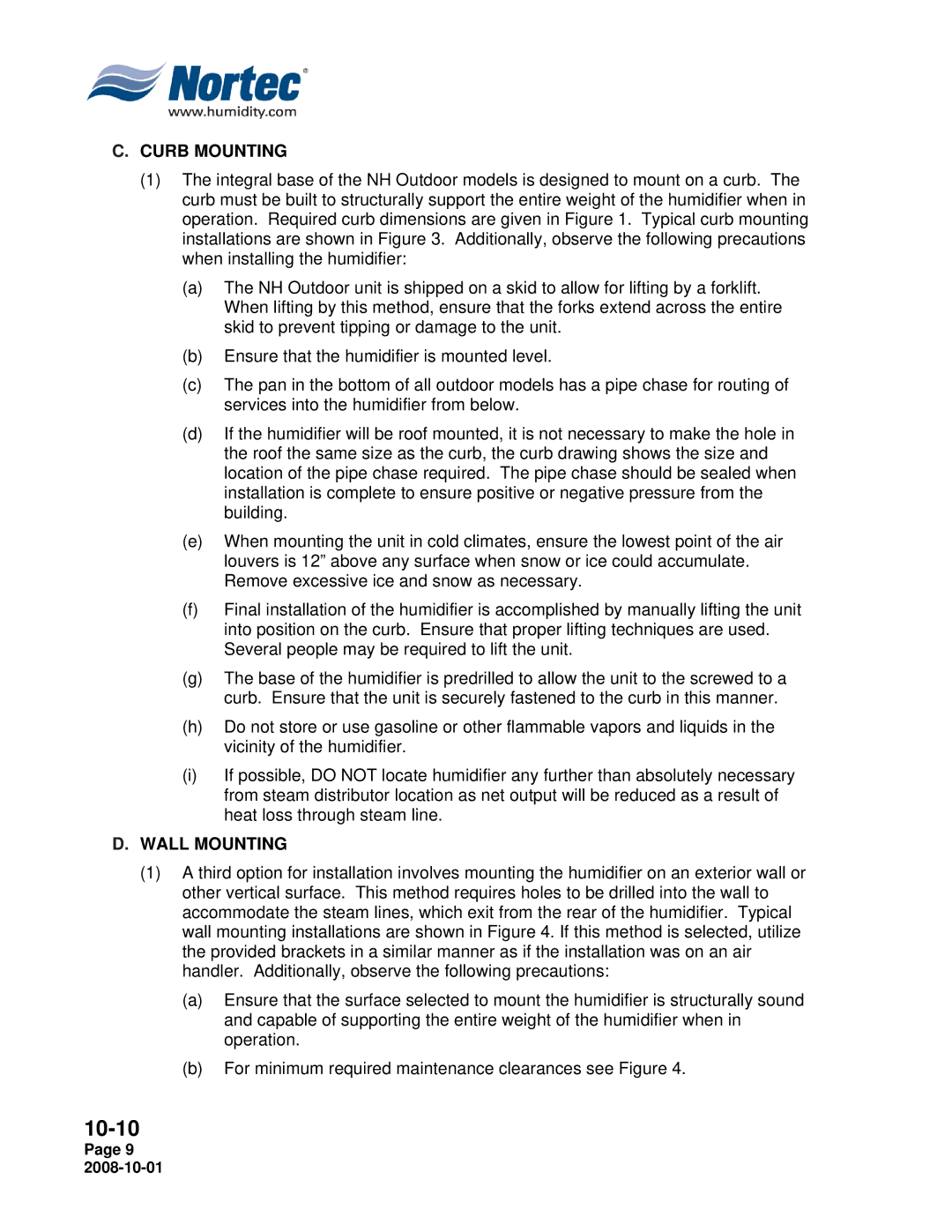 Nortec Industries NH Series installation manual Curb Mounting, Wall Mounting 
