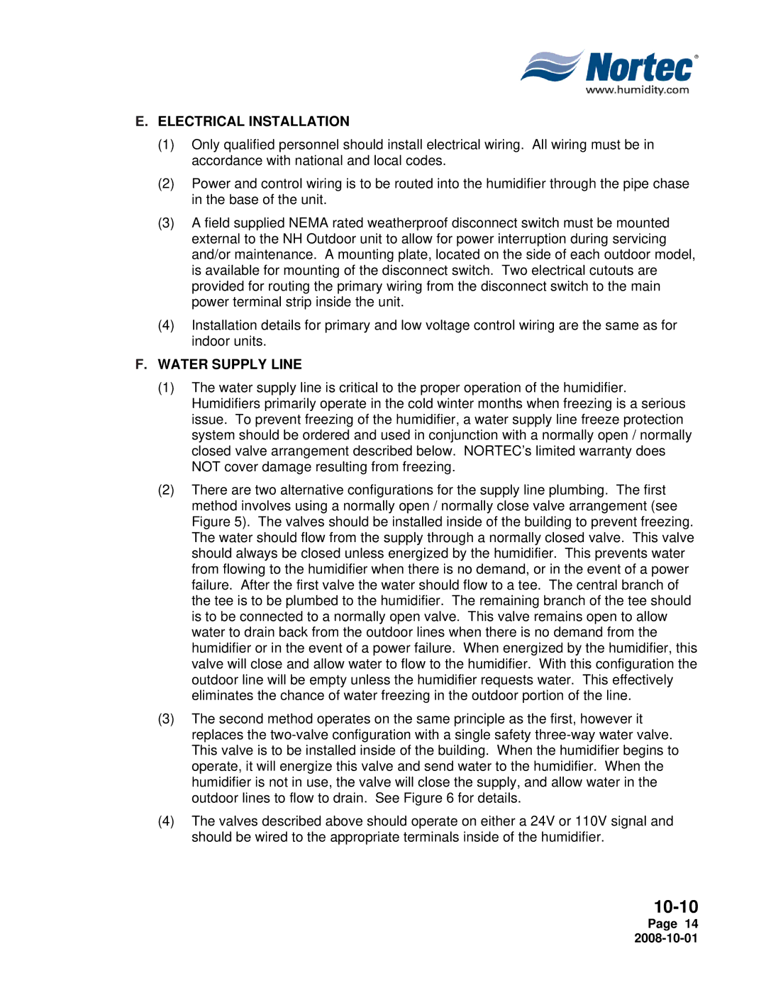 Nortec Industries NH Series installation manual Electrical Installation, Water Supply Line 