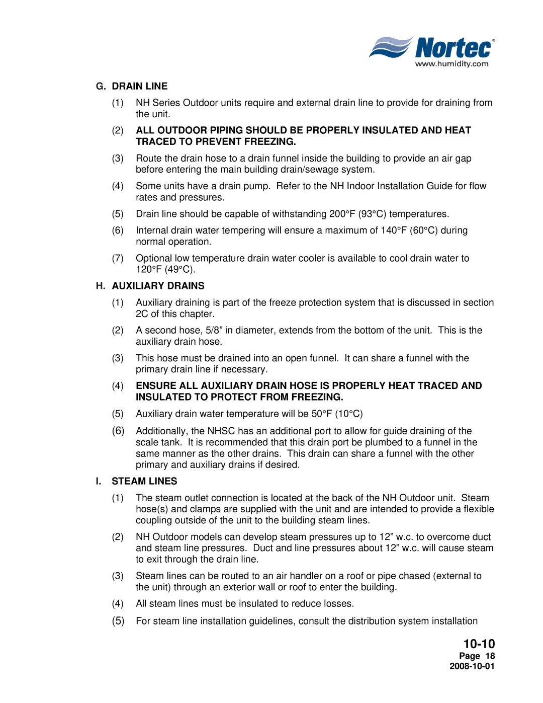 Nortec Industries NH Series installation manual Drain Line, Auxiliary Drains, Steam Lines 