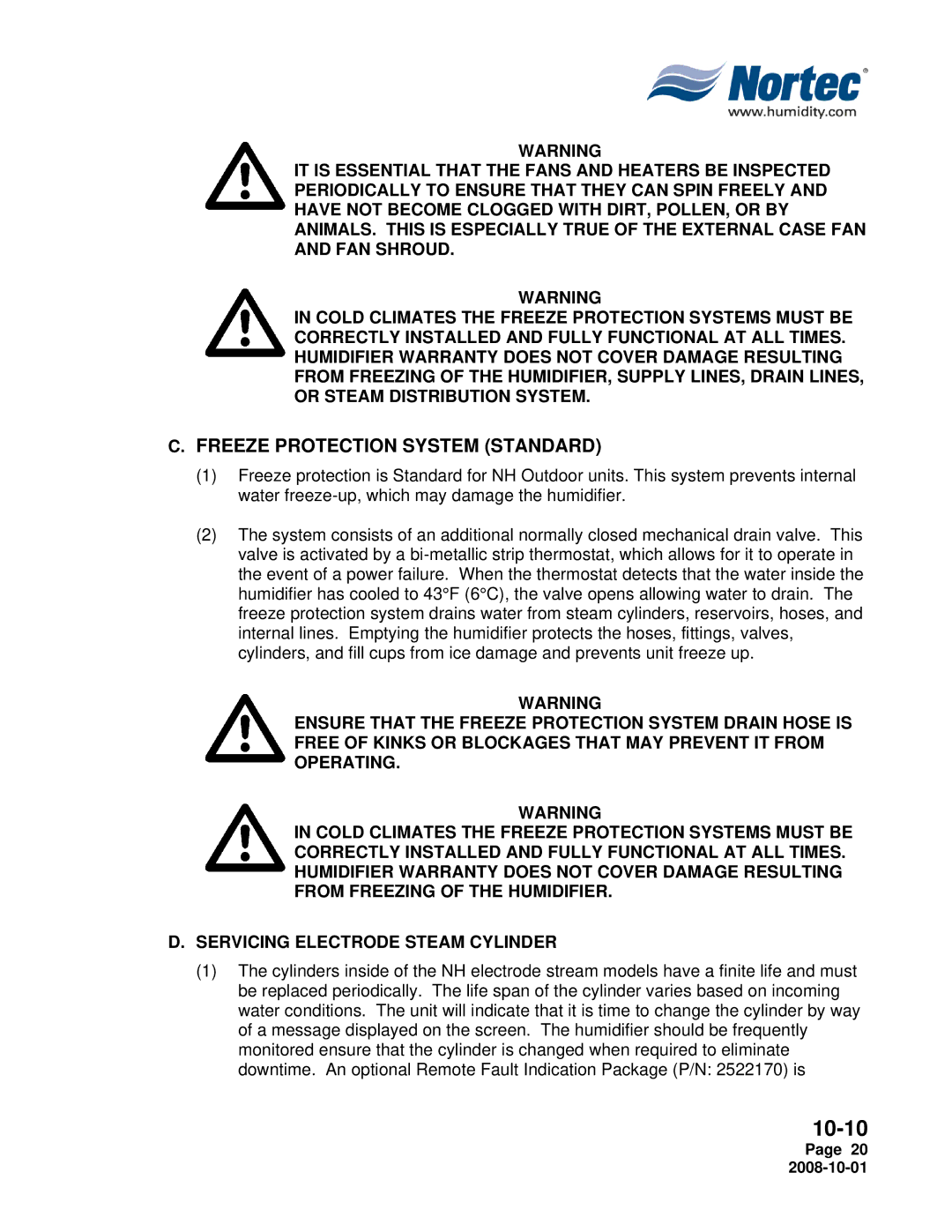 Nortec Industries NH Series installation manual Freeze Protection System Standard 