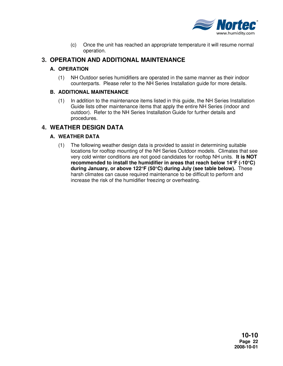 Nortec Industries NH Series installation manual Operation, Additional Maintenance, Weather Data 