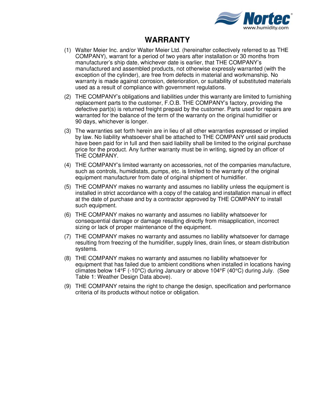 Nortec Industries NH Series installation manual Warranty 