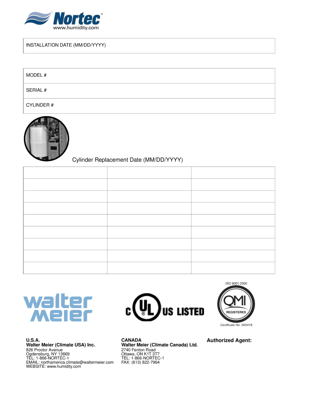 Nortec Industries NH Series installation manual Cylinder Replacement Date MM/DD/YYYY 