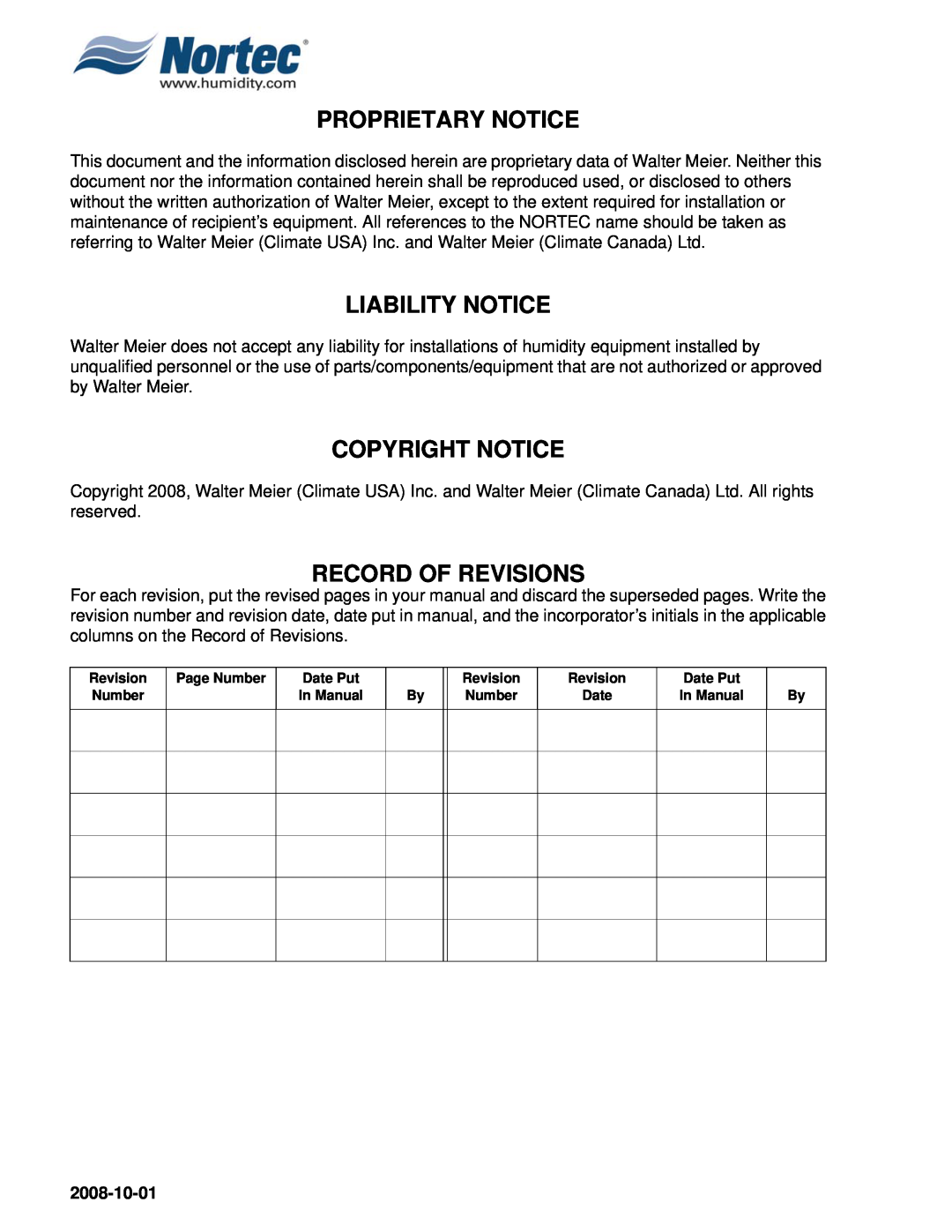 Nortec Industries NH Series Proprietary Notice, Liability Notice, Copyright Notice, Record Of Revisions, 2008-10-01 