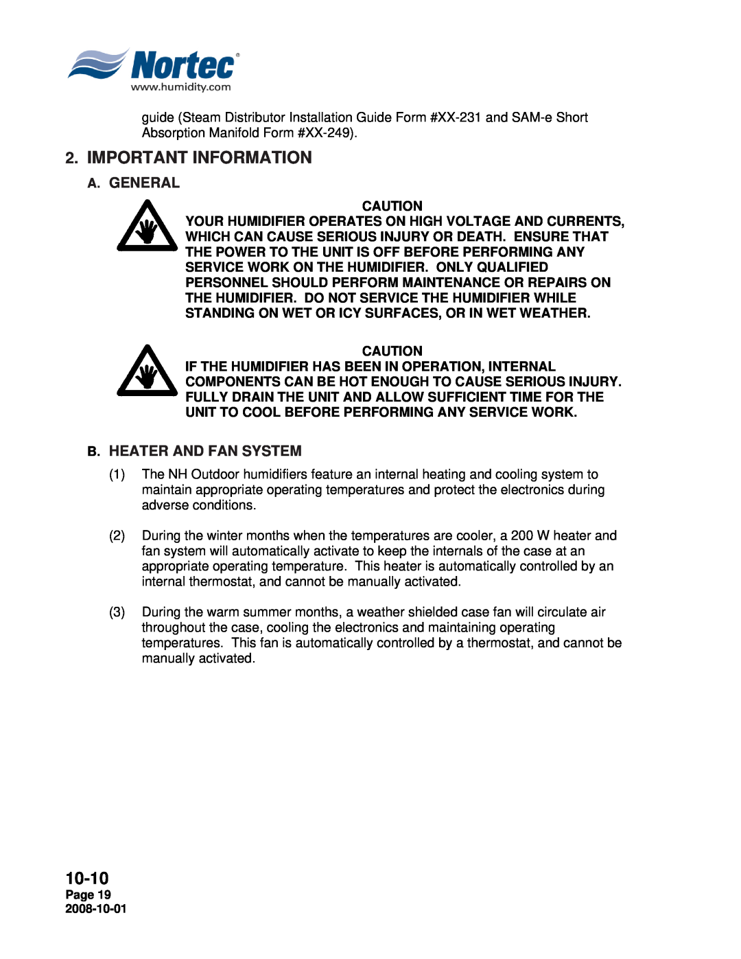 Nortec Industries NH Series installation manual Important Information, A. General, B.Heater And Fan System, 10-10 