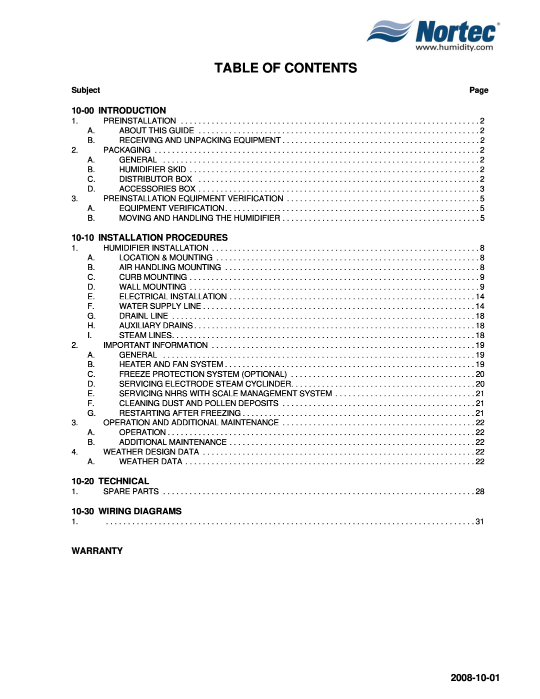 Nortec Industries NH Series Table Of Contents, 2008-10-01, 10-00INTRODUCTION, 10-10INSTALLATION PROCEDURES, 10-20TECHNICAL 