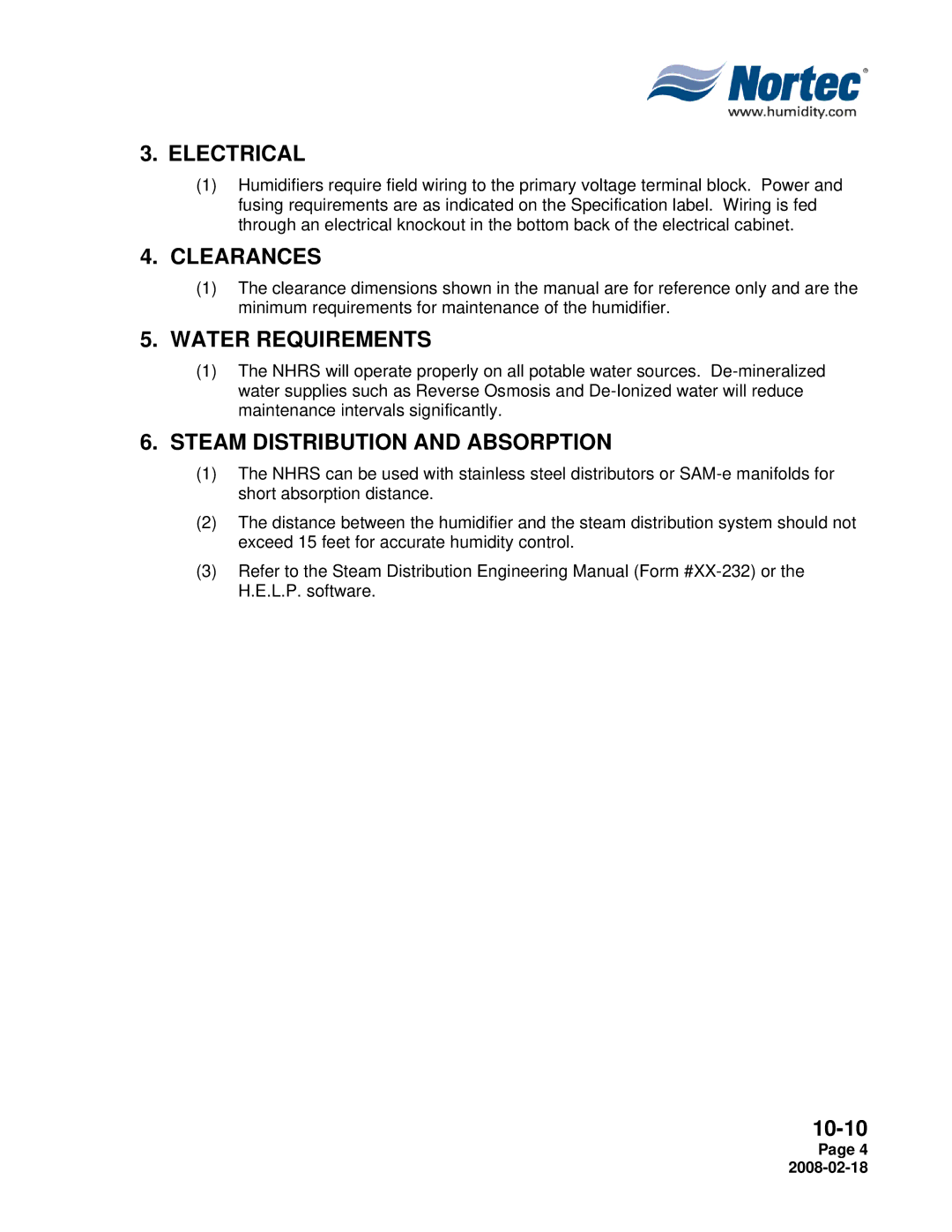 Nortec Industries NHRS Series manual Electrical, Clearances, Water Requirements, Steam Distribution and Absorption 