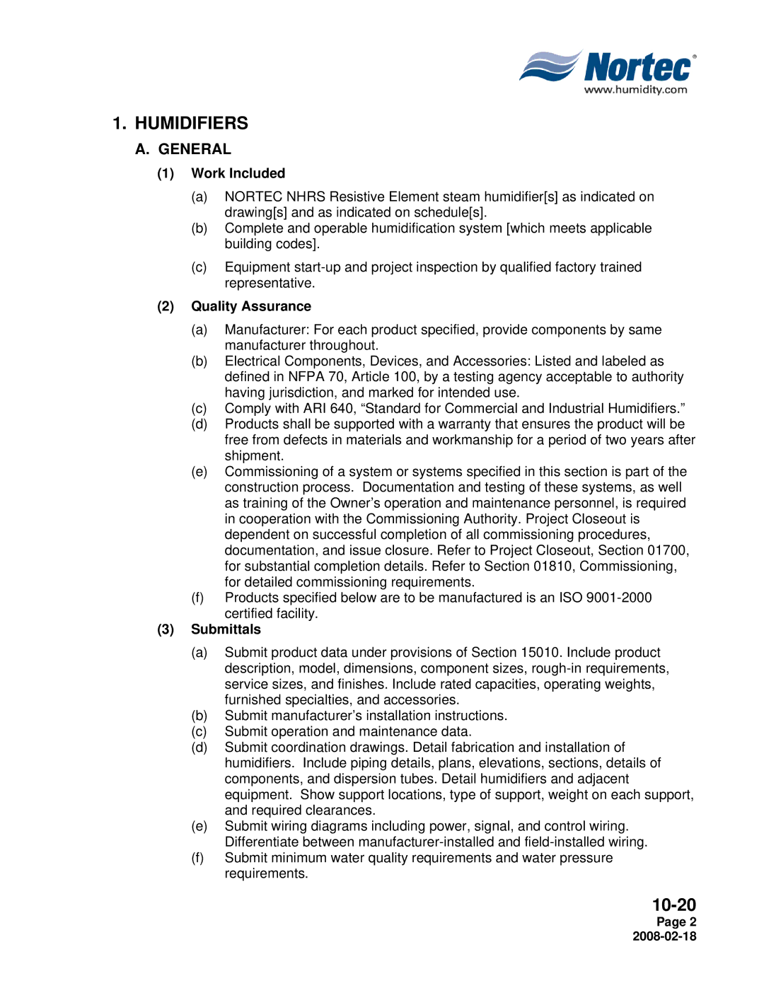 Nortec Industries NHRS Series manual Humidifiers, General 