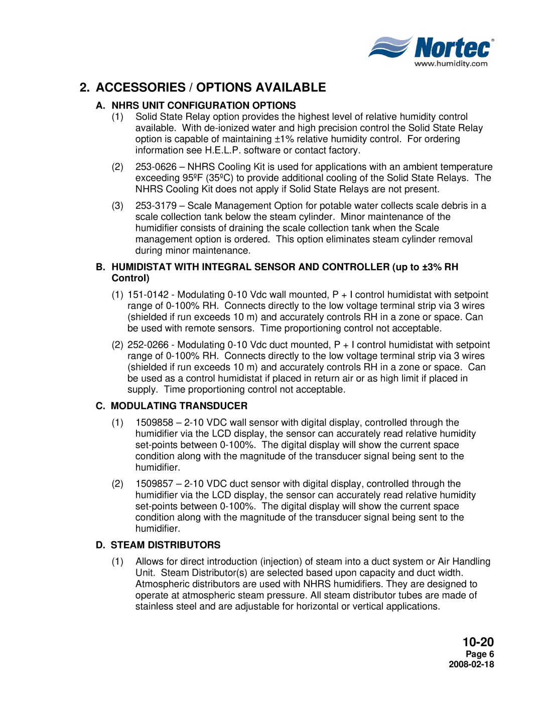 Nortec Industries NHRS Series Accessories / Options Available, Nhrs Unit Configuration Options, Modulating Transducer 