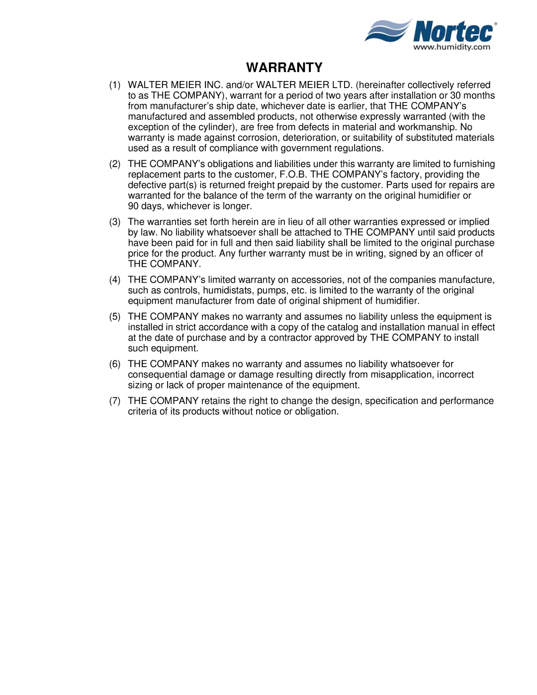 Nortec Industries NHRS Series manual Warranty 