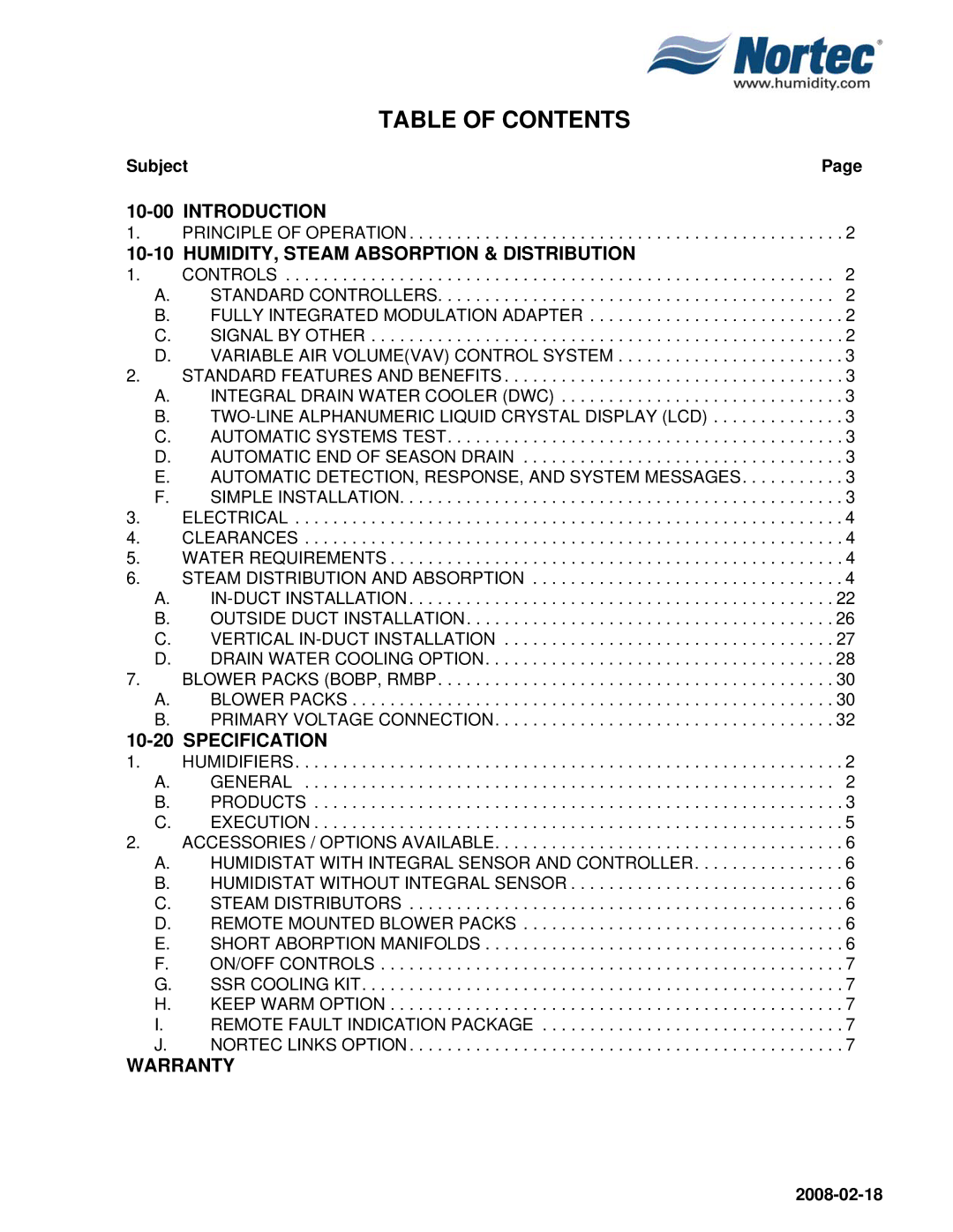 Nortec Industries NHRS Series manual Table of Contents 