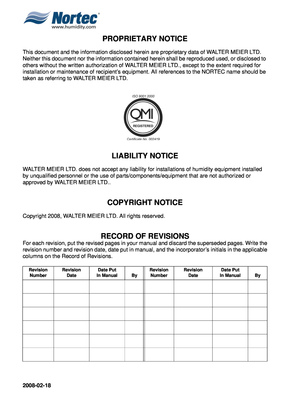 Nortec Industries NHRS Series Proprietary Notice, Liability Notice, Copyright Notice, Record Of Revisions, 2008-02-18 