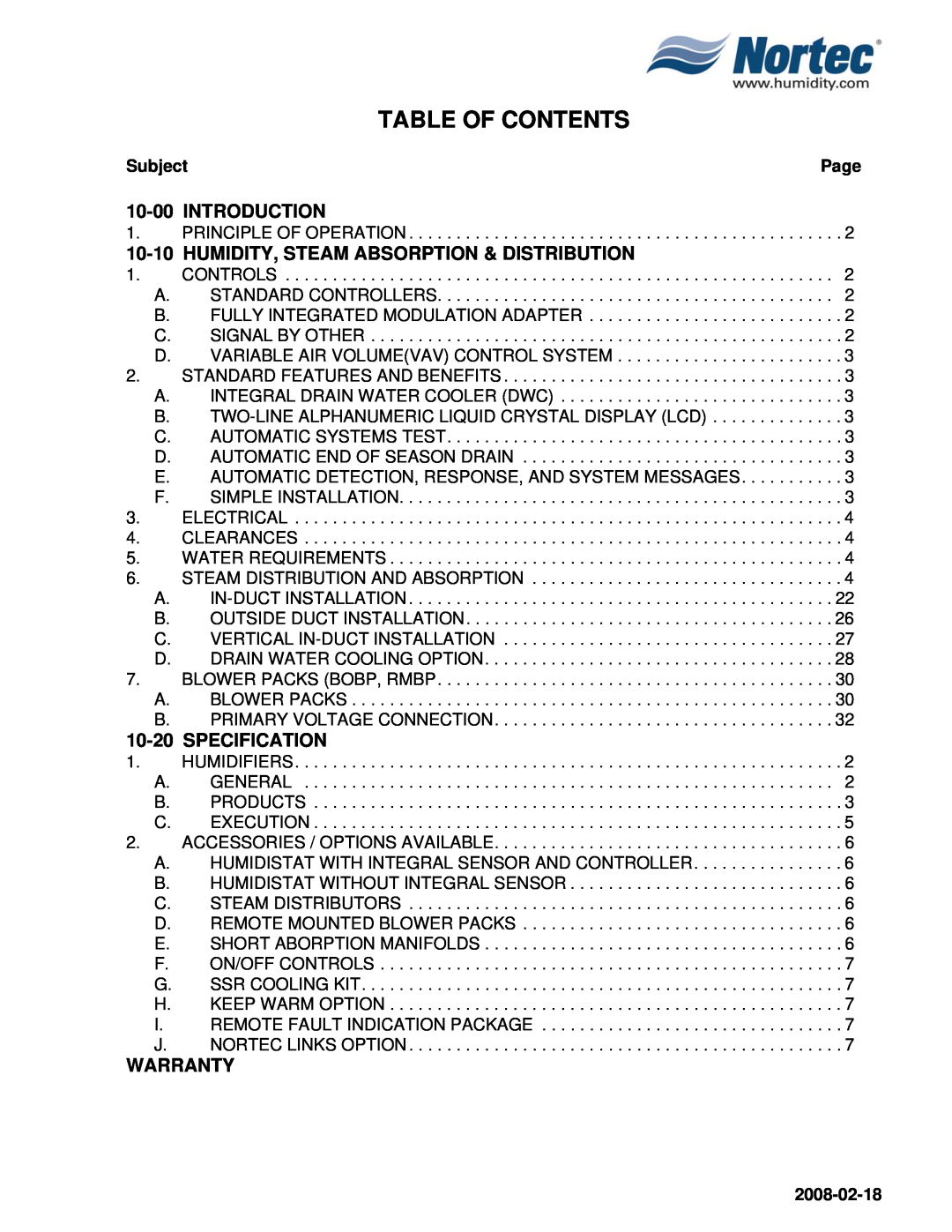 Nortec Industries NHRS Series manual Table Of Contents, 10-00INTRODUCTION, 10-10HUMIDITY, STEAM ABSORPTION & DISTRIBUTION 