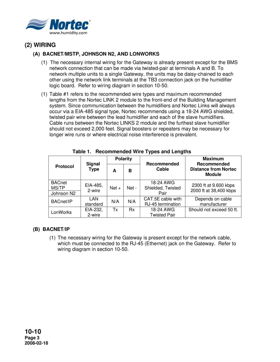 Nortec Industries NHTC Series installation manual Wiring, Recommended Wire Types and Lengths 