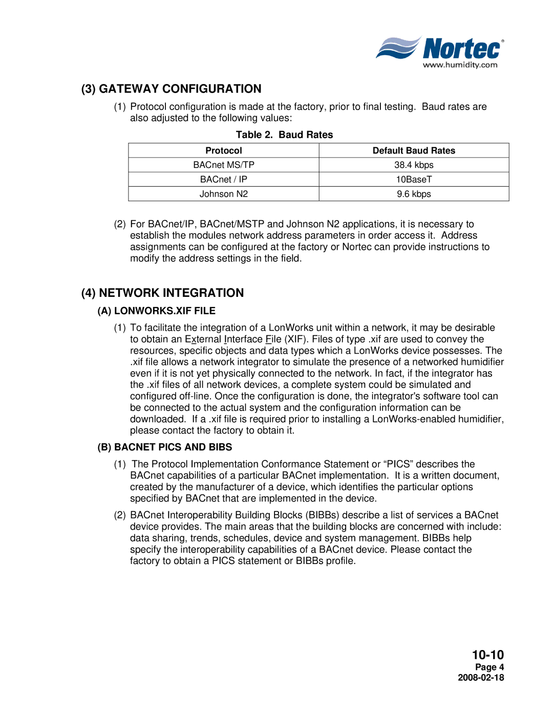 Nortec Industries NHTC Series installation manual Gateway Configuration, Network Integration, Baud Rates 