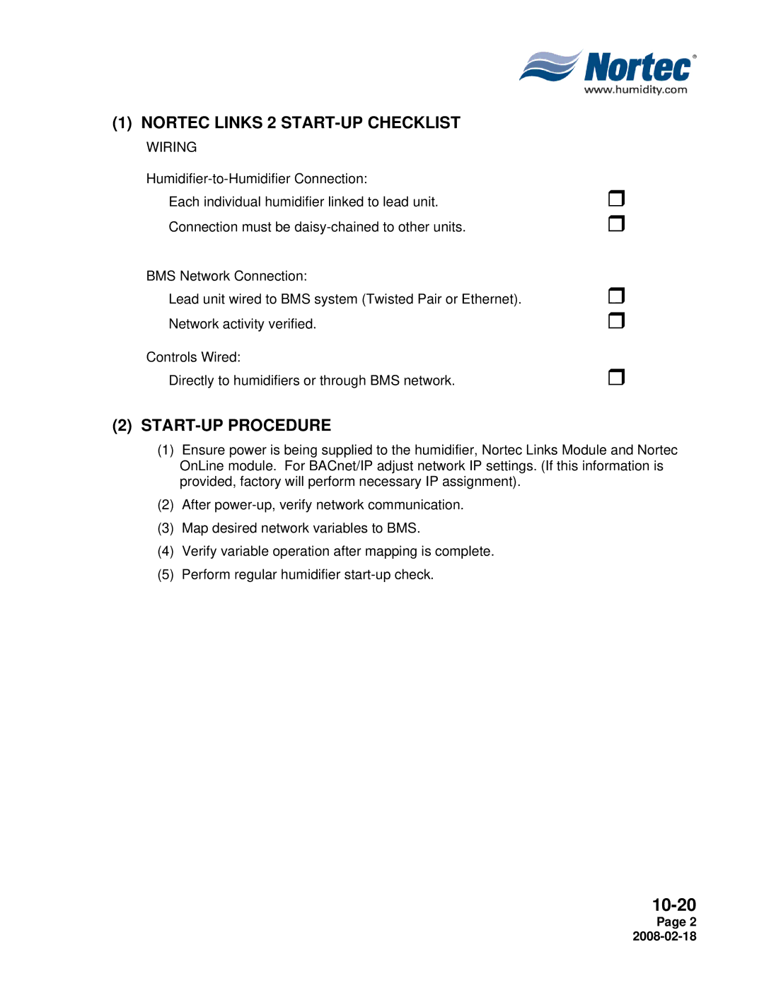 Nortec Industries NHTC Series installation manual Nortec Links 2 START-UP Checklist, START-UP Procedure 