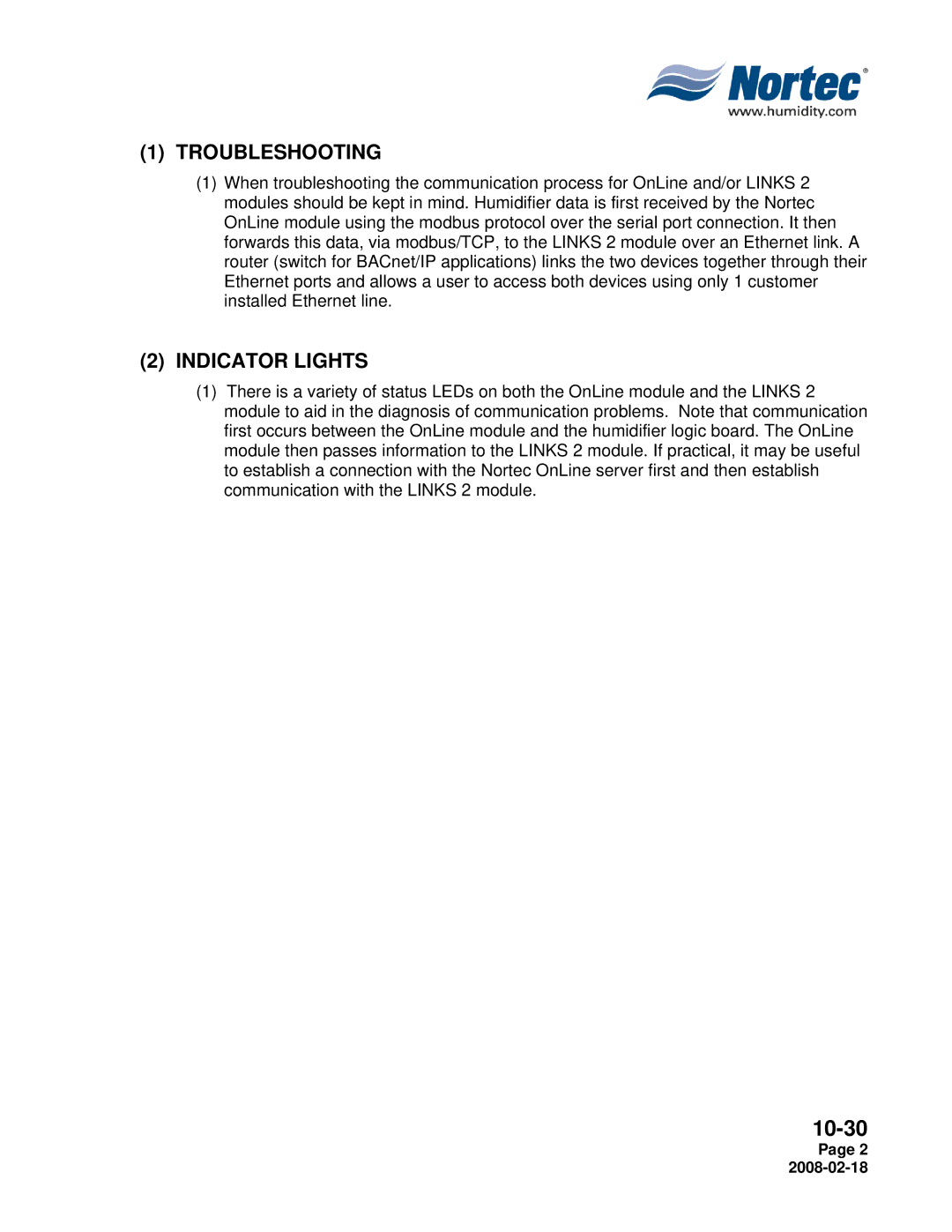 Nortec Industries NHTC Series installation manual Troubleshooting, Indicator Lights 