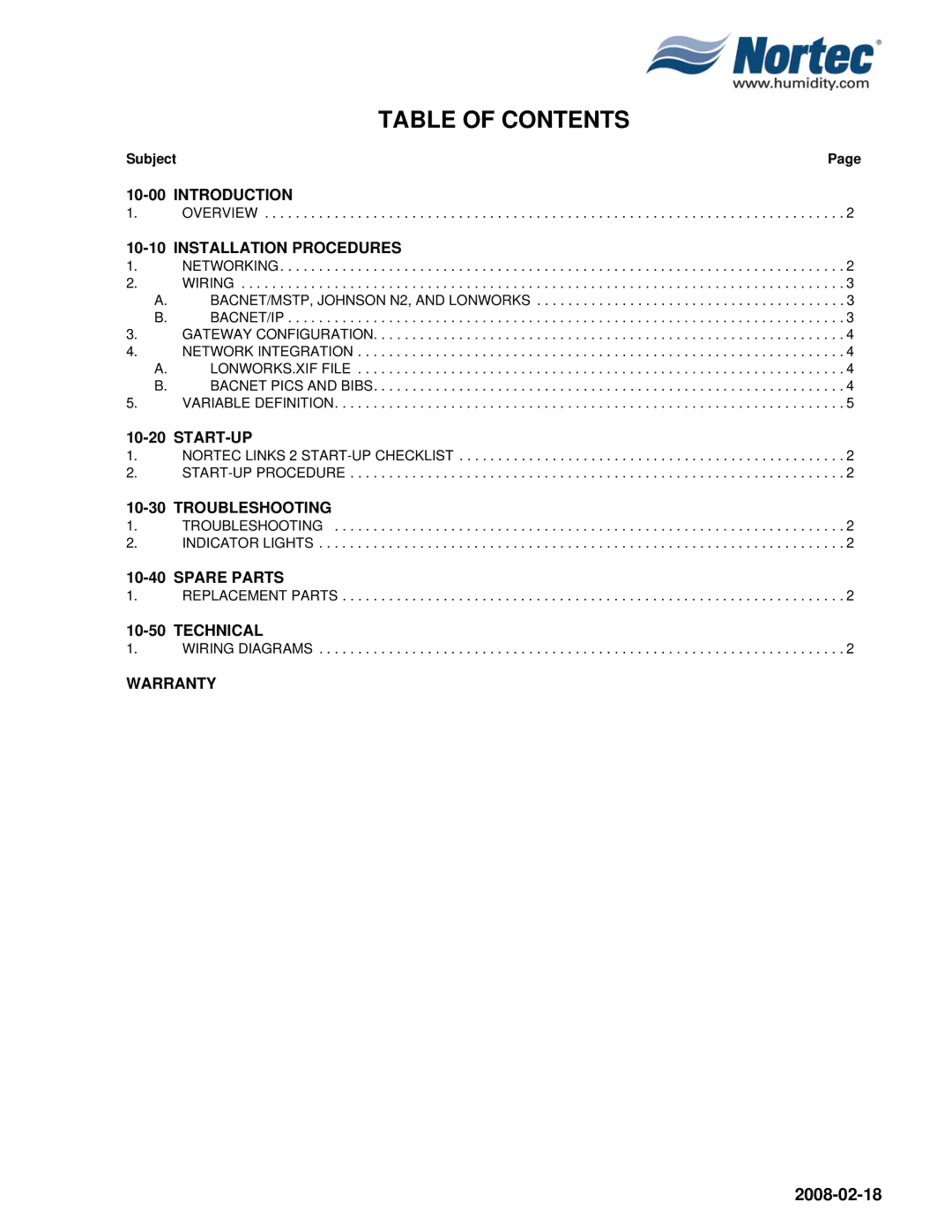 Nortec Industries NHTC Series installation manual Table of Contents 