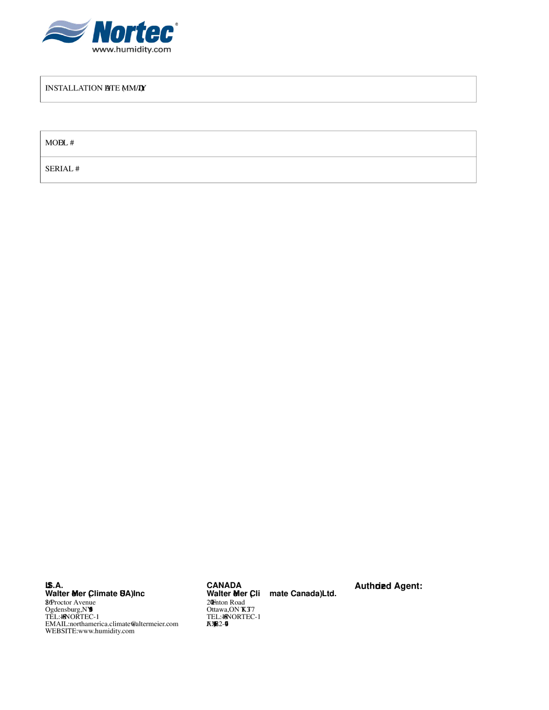 Nortec Industries NHTC Series installation manual Authorized Agent 