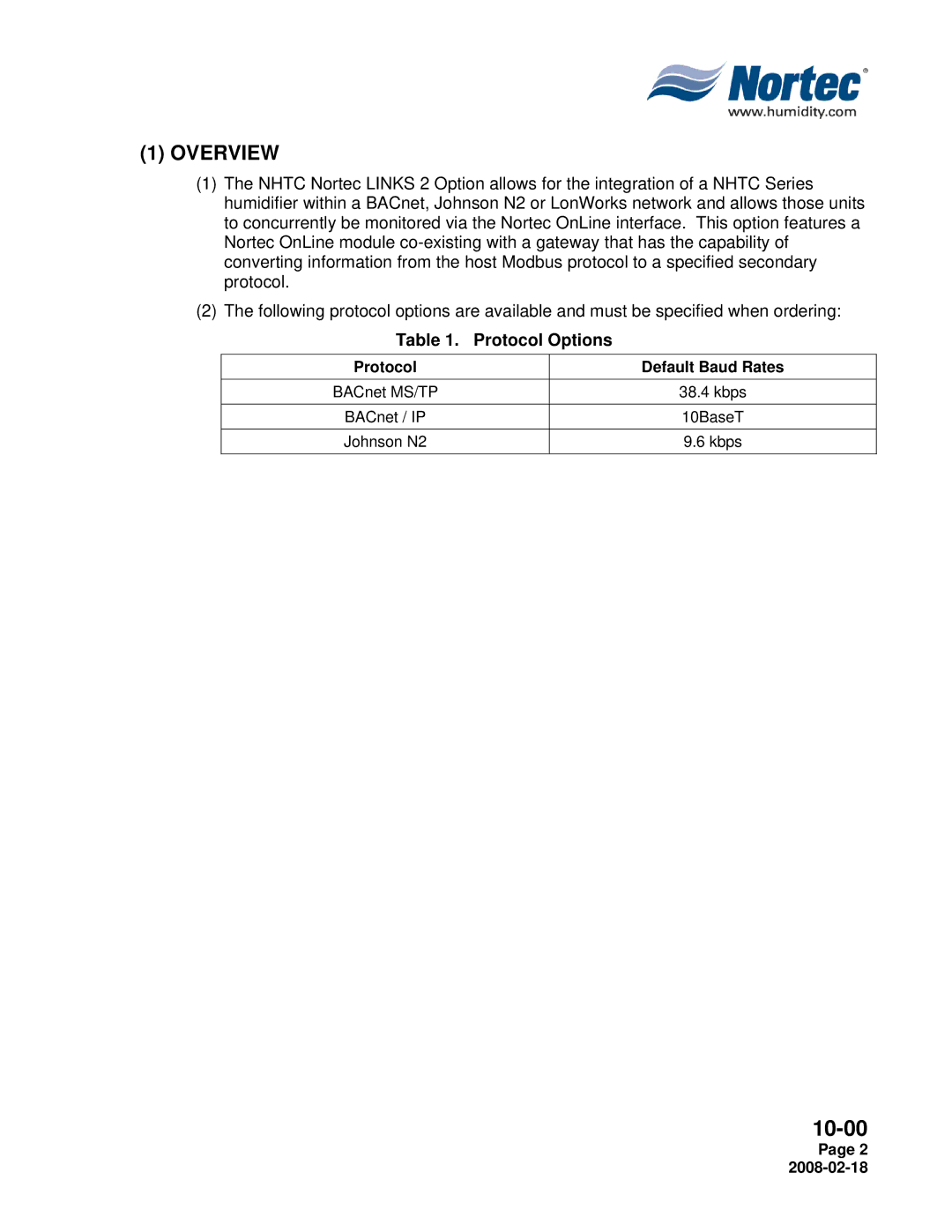 Nortec Industries NHTC Series installation manual Overview, Protocol Options 