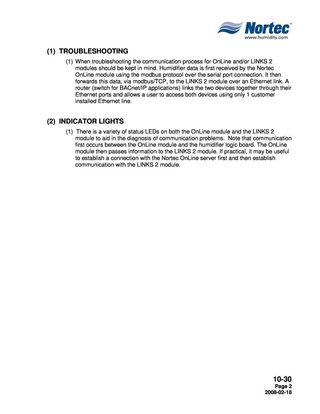 Nortec Industries NHTC Series installation manual 1TROUBLESHOOTING, 2INDICATOR LIGHTS, 10-30 