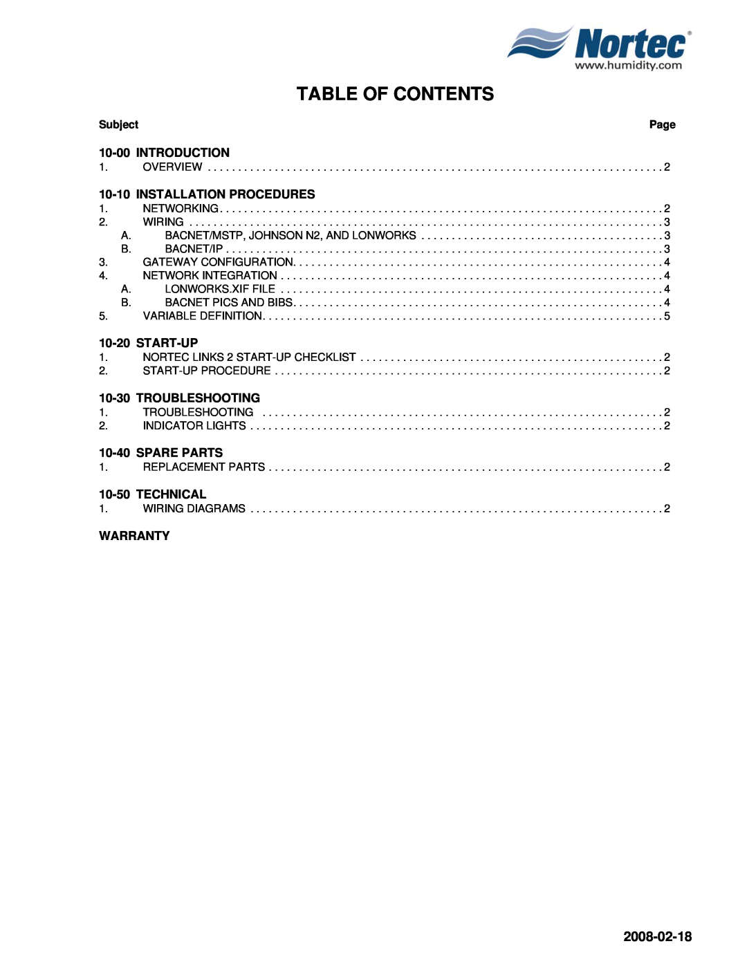 Nortec Industries NHTC Series Table Of Contents, 2008-02-18, 10-00INTRODUCTION, 10-10INSTALLATION PROCEDURES, Start-Up 