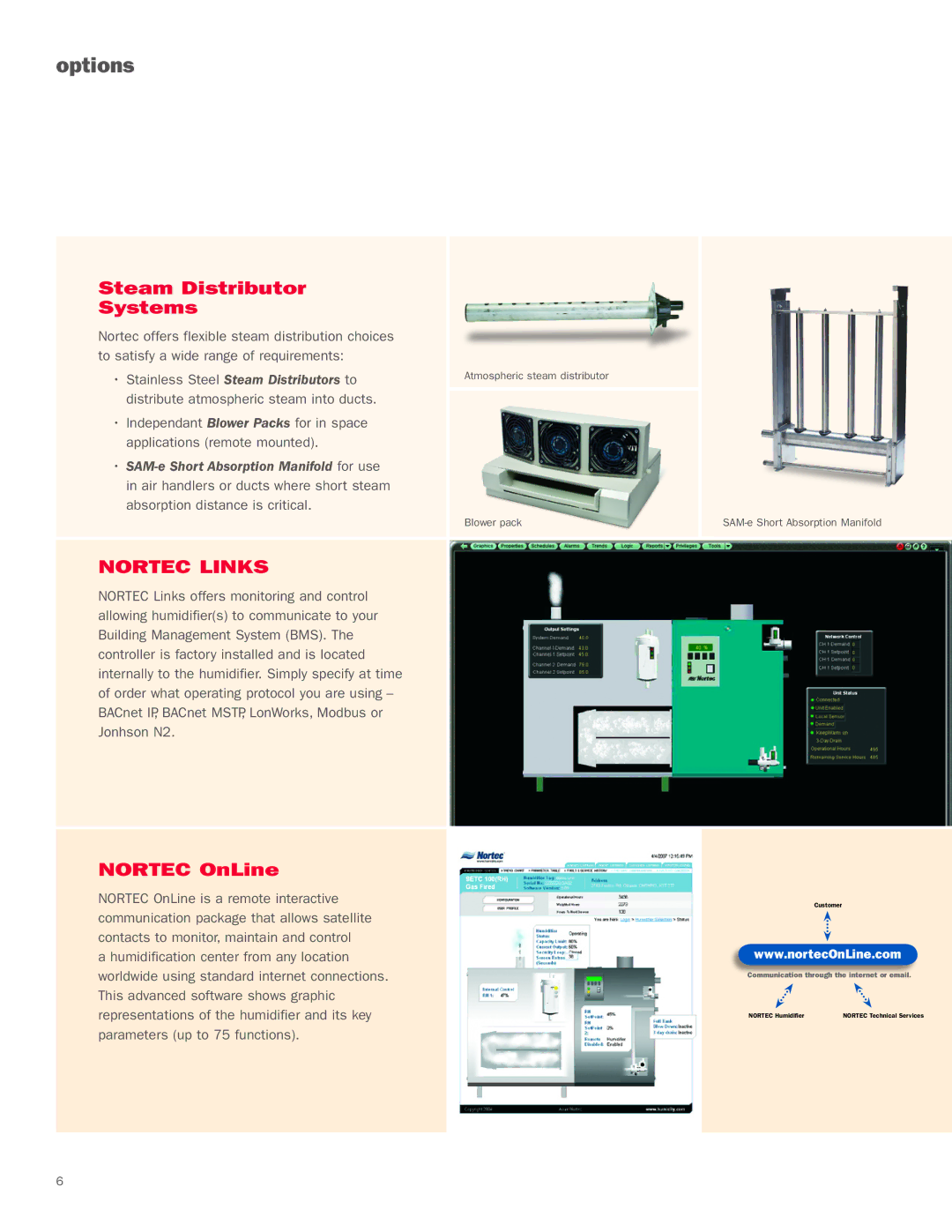 Nortec Industries Pressure Steam Humidifier manual Options, Steam Distributor Systems, Nortec OnLine 