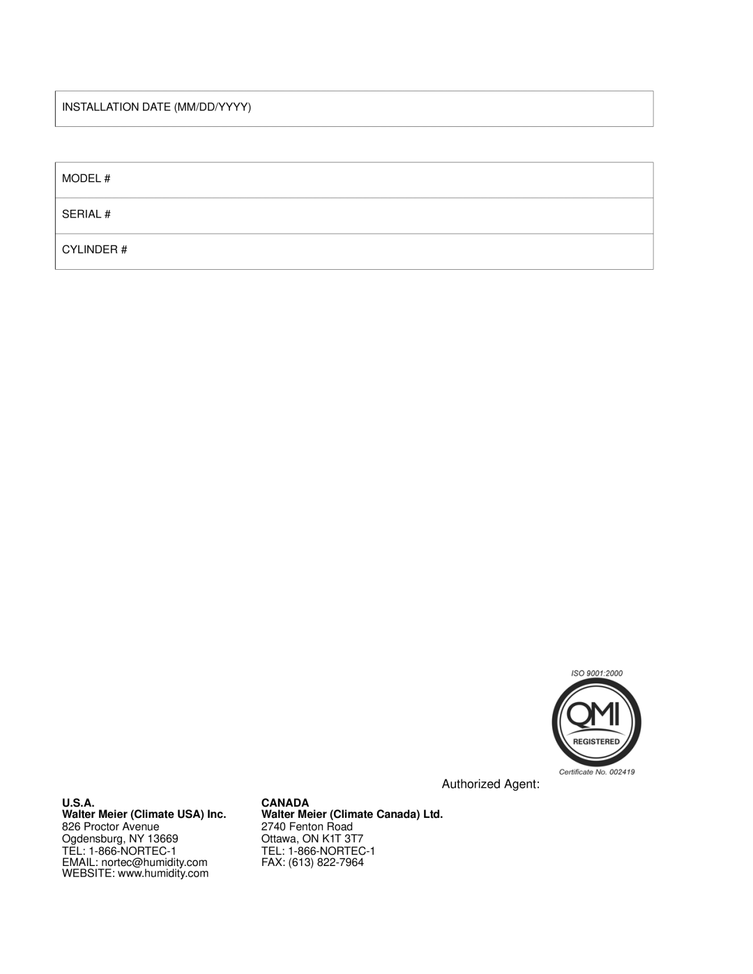 Nortec Industries NHDI, SETC, NHSC installation manual Authorized Agent 