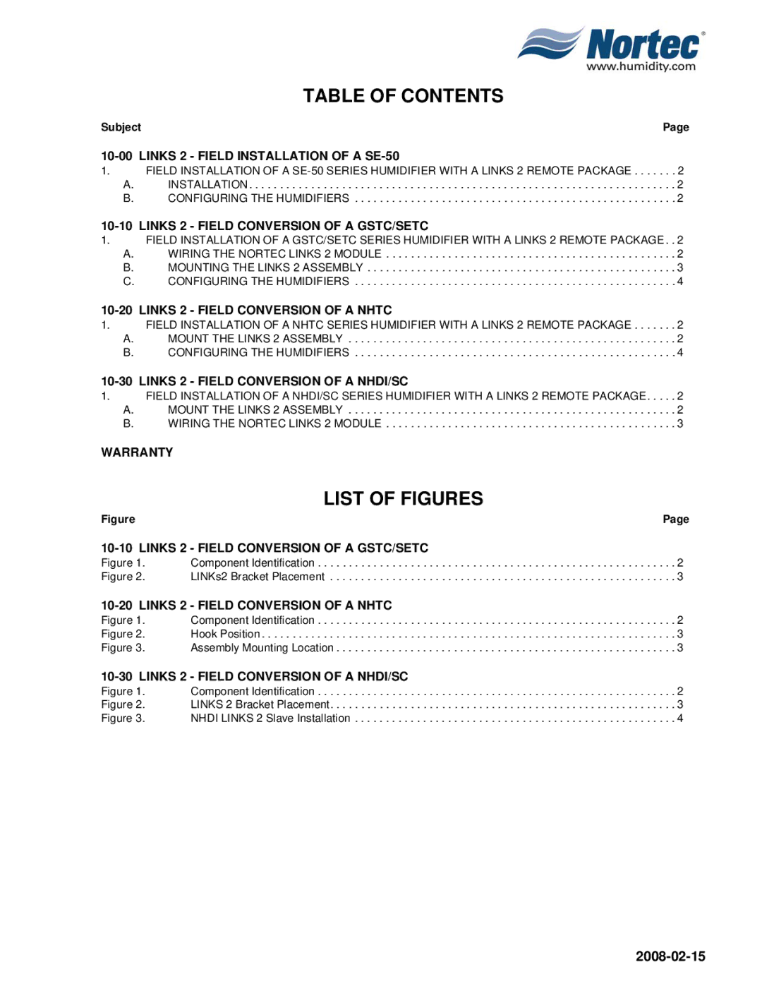 Nortec Industries SETC, NHSC, NHDI installation manual Table of Contents 