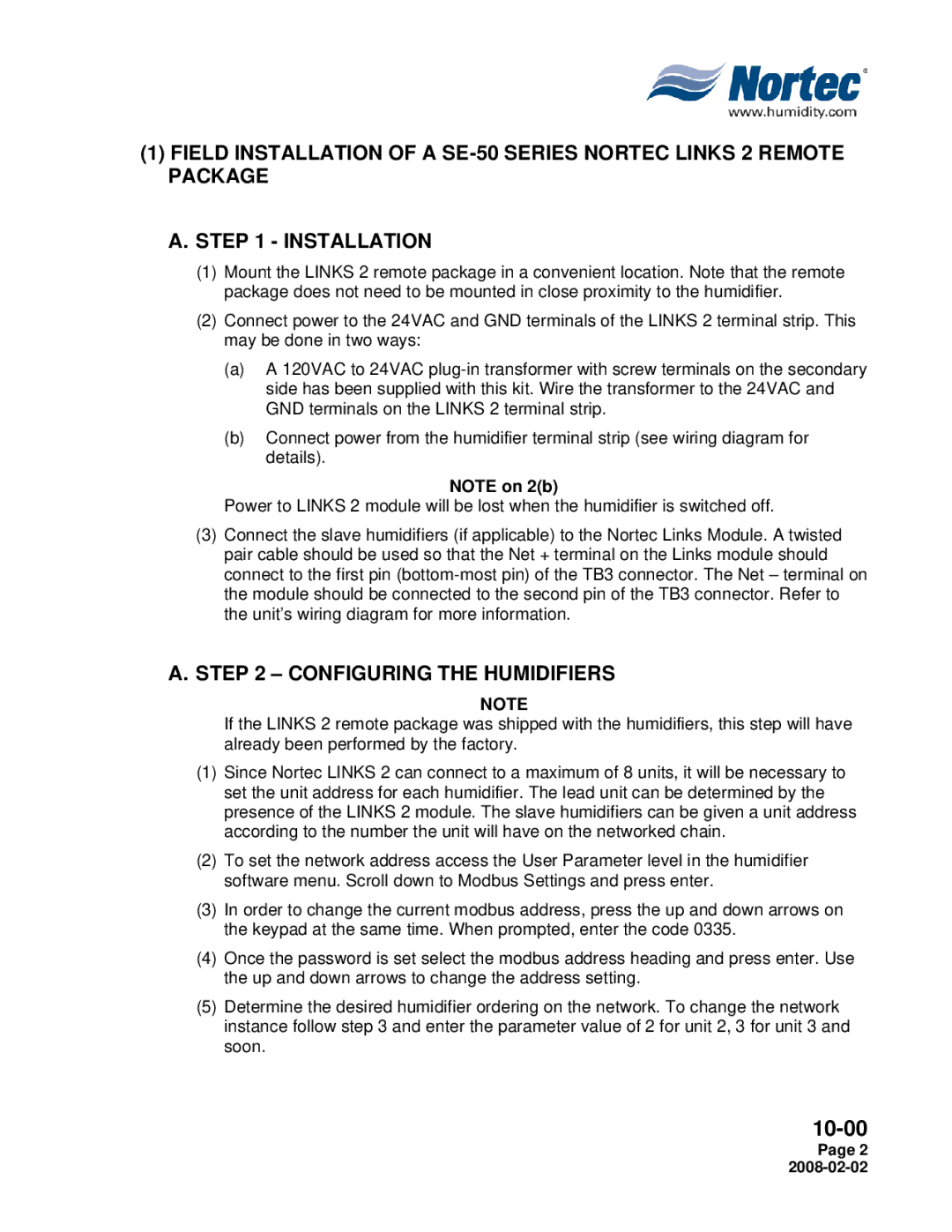 Nortec Industries NHDI, SETC, NHSC installation manual Configuring the Humidifiers 