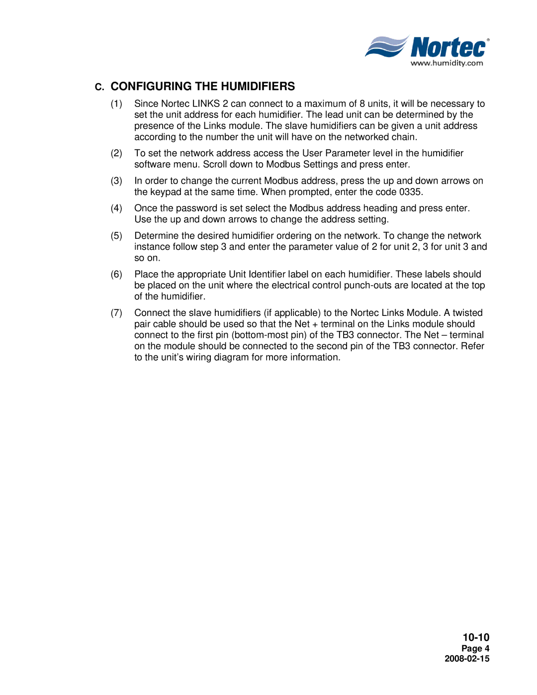 Nortec Industries SETC, NHSC, NHDI installation manual Configuring the Humidifiers 