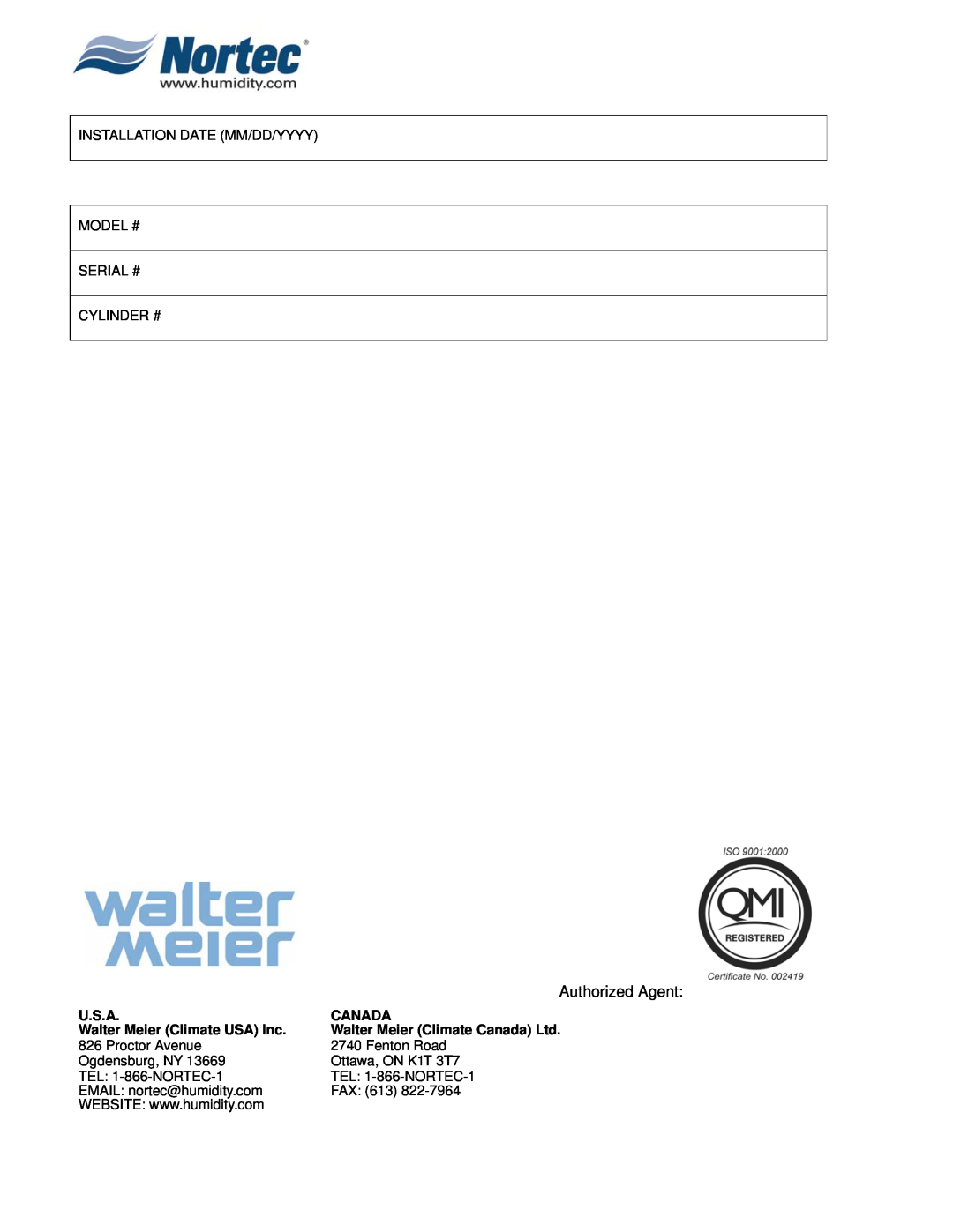 Nortec Industries NHDI, SETC, NHSC installation manual Authorized Agent, U.S.A, Canada, Walter Meier Climate USA Inc 