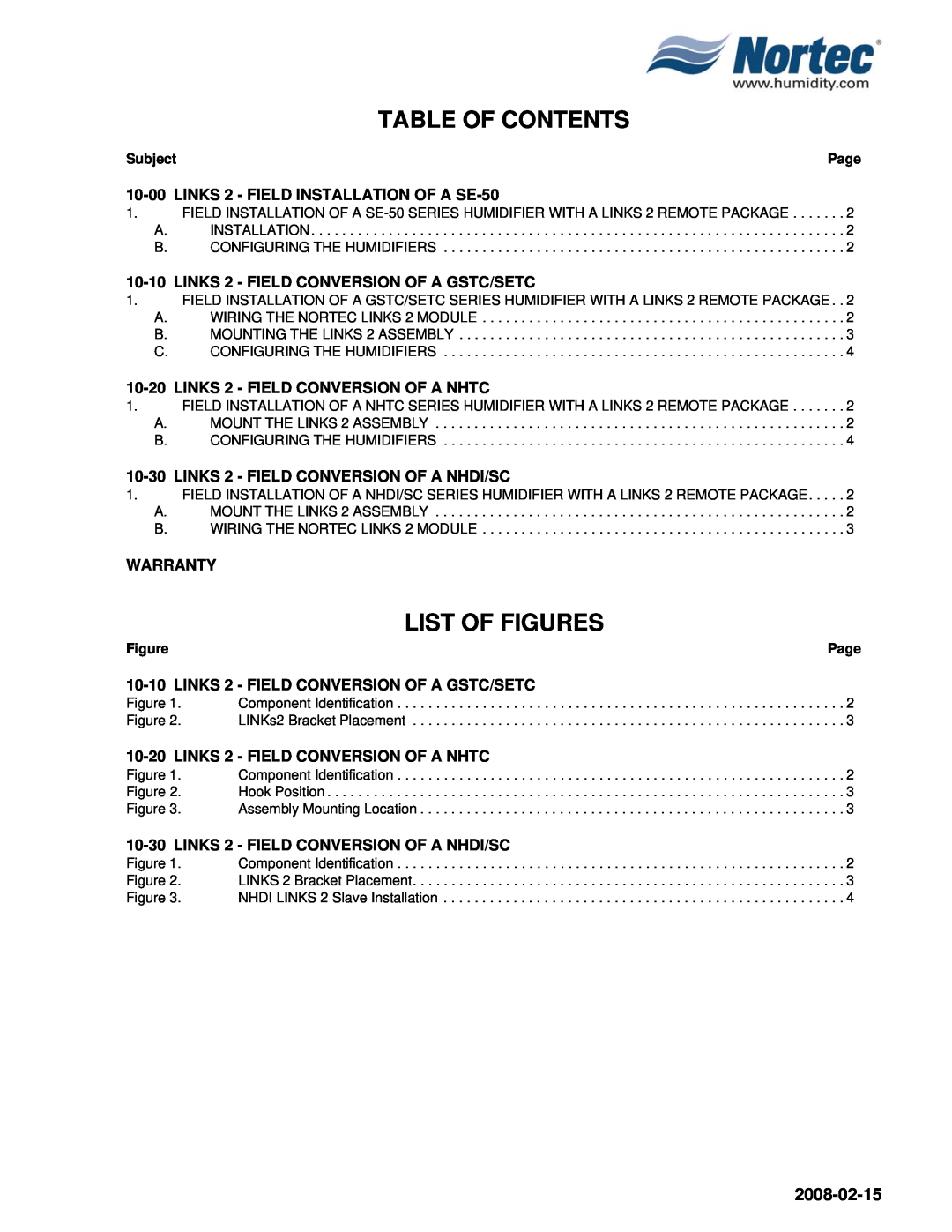 Nortec Industries SETC, NHSC Table Of Contents, List Of Figures, 2008-02-15, 10-00LINKS 2 - FIELD INSTALLATION OF A SE-50 