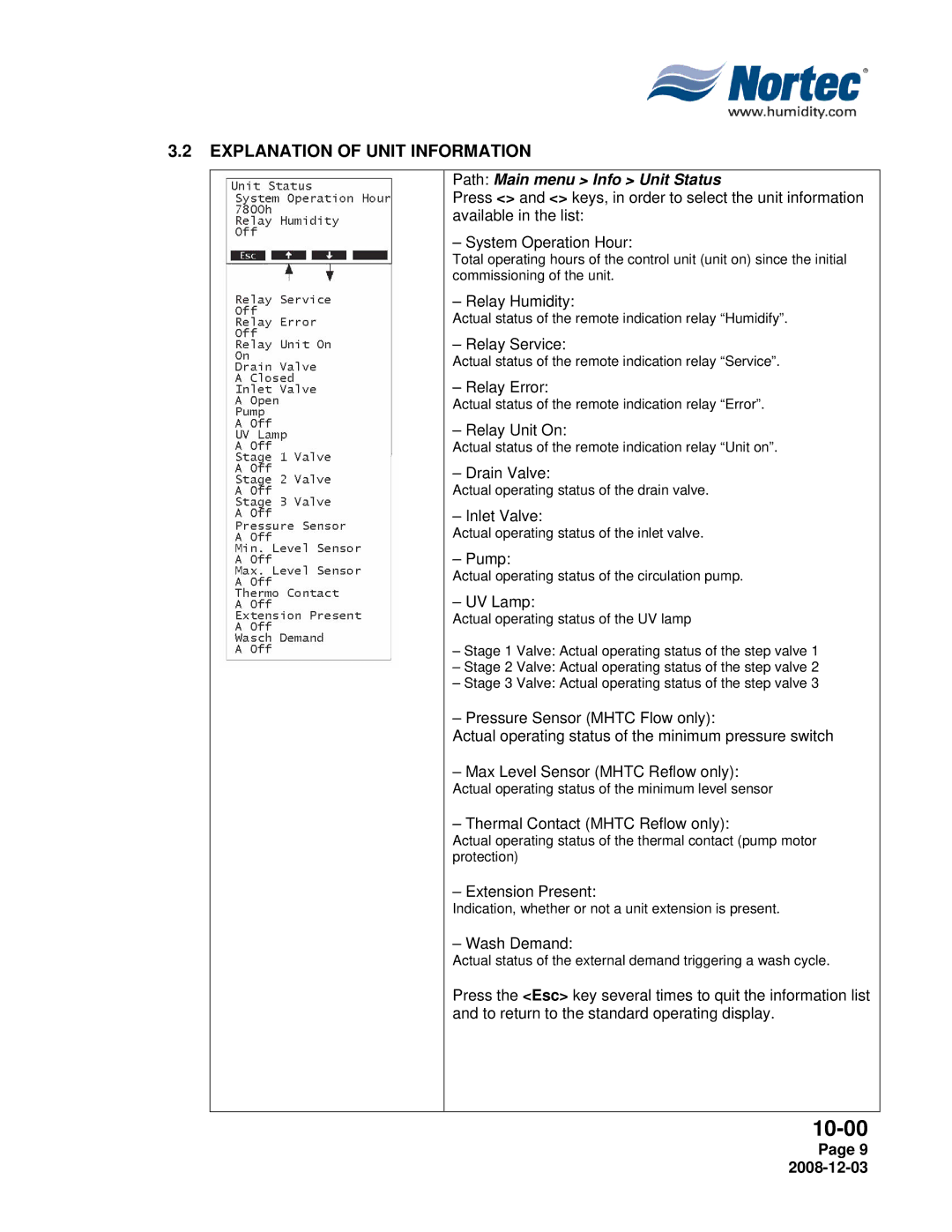 Nortec MH Series installation manual Explanation of Unit Information, Path Main menu Info Unit Status 