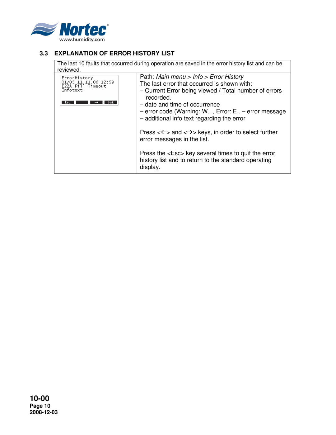 Nortec MH Series installation manual Explanation of Error History List, Path Main menu Info Error History 