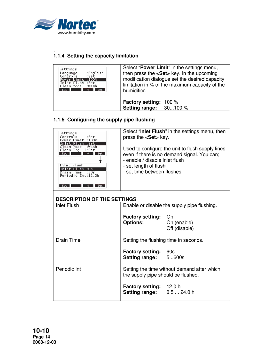 Nortec MH Series Setting the capacity limitation, Description of the Settings, Factory setting Options, Setting range 