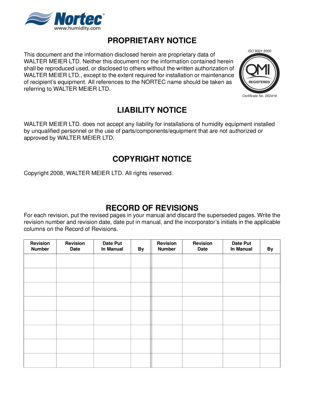 Nortec MH Series installation manual Revision Number Date Date Put Manual 