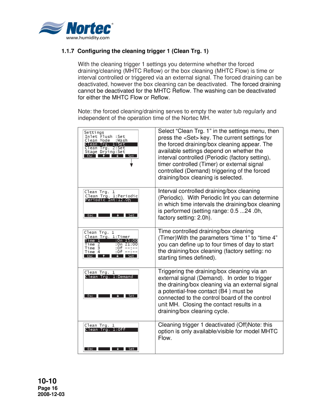 Nortec MH Series installation manual Configuring the cleaning trigger 1 Clean Trg 