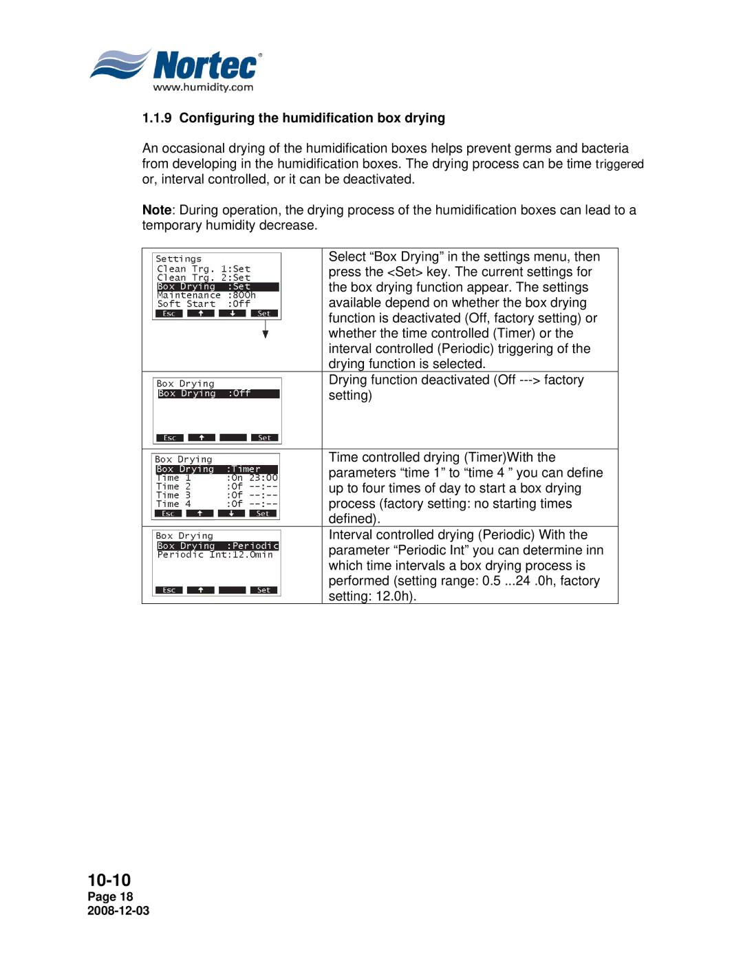 Nortec MH Series installation manual Configuring the humidification box drying 