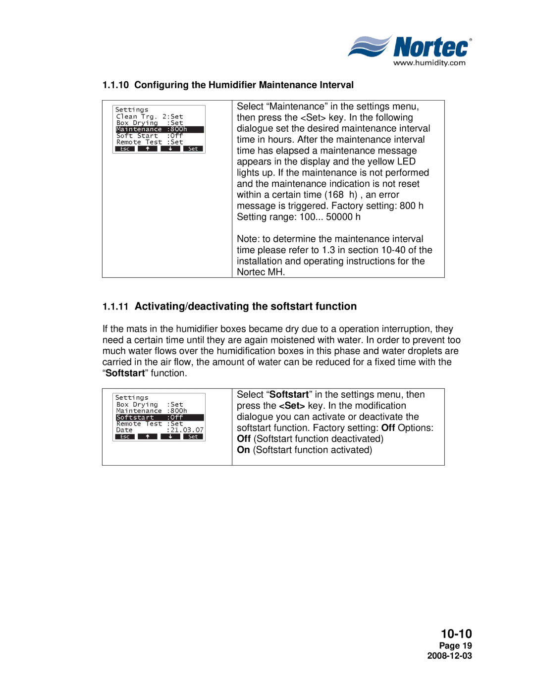 Nortec MH Series Activating/deactivating the softstart function, Configuring the Humidifier Maintenance Interval 