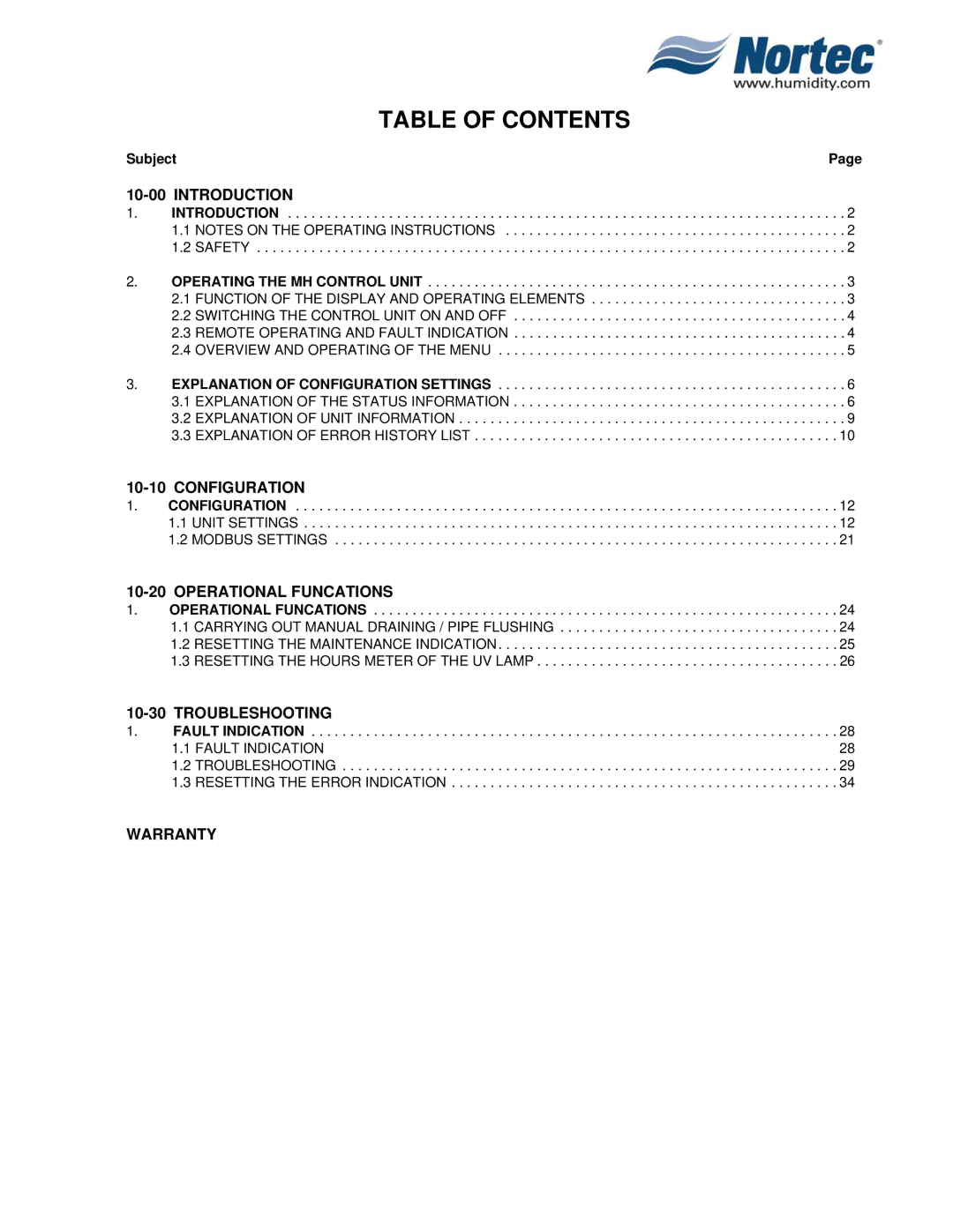 Nortec MH Series installation manual Table of Contents 