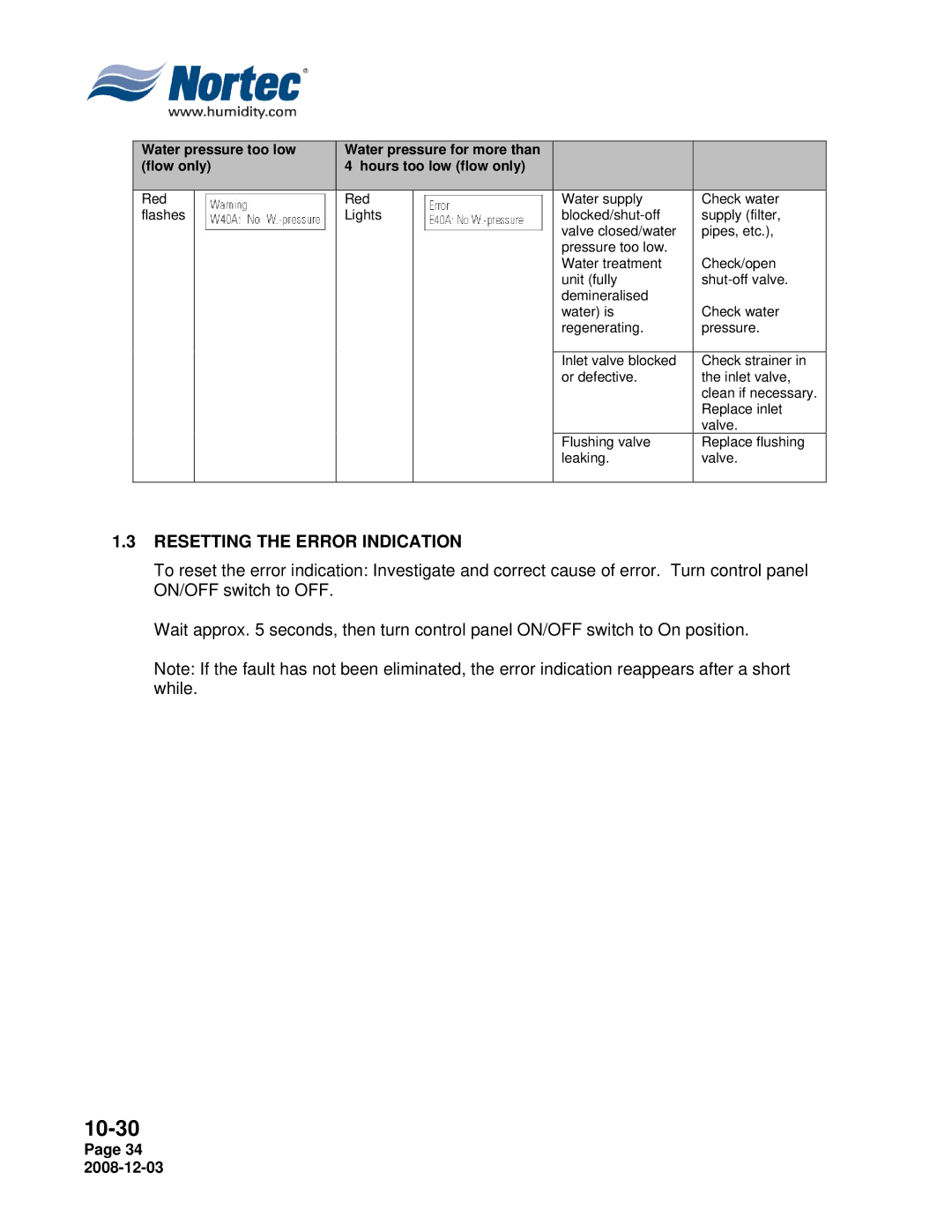 Nortec MH Series installation manual Resetting the Error Indication 