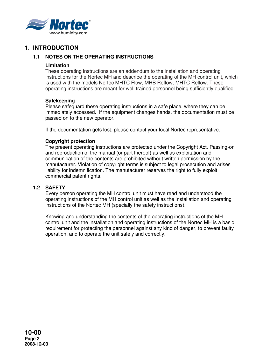 Nortec MH Series installation manual Limitation, Safekeeping, Copyright protection, Safety 