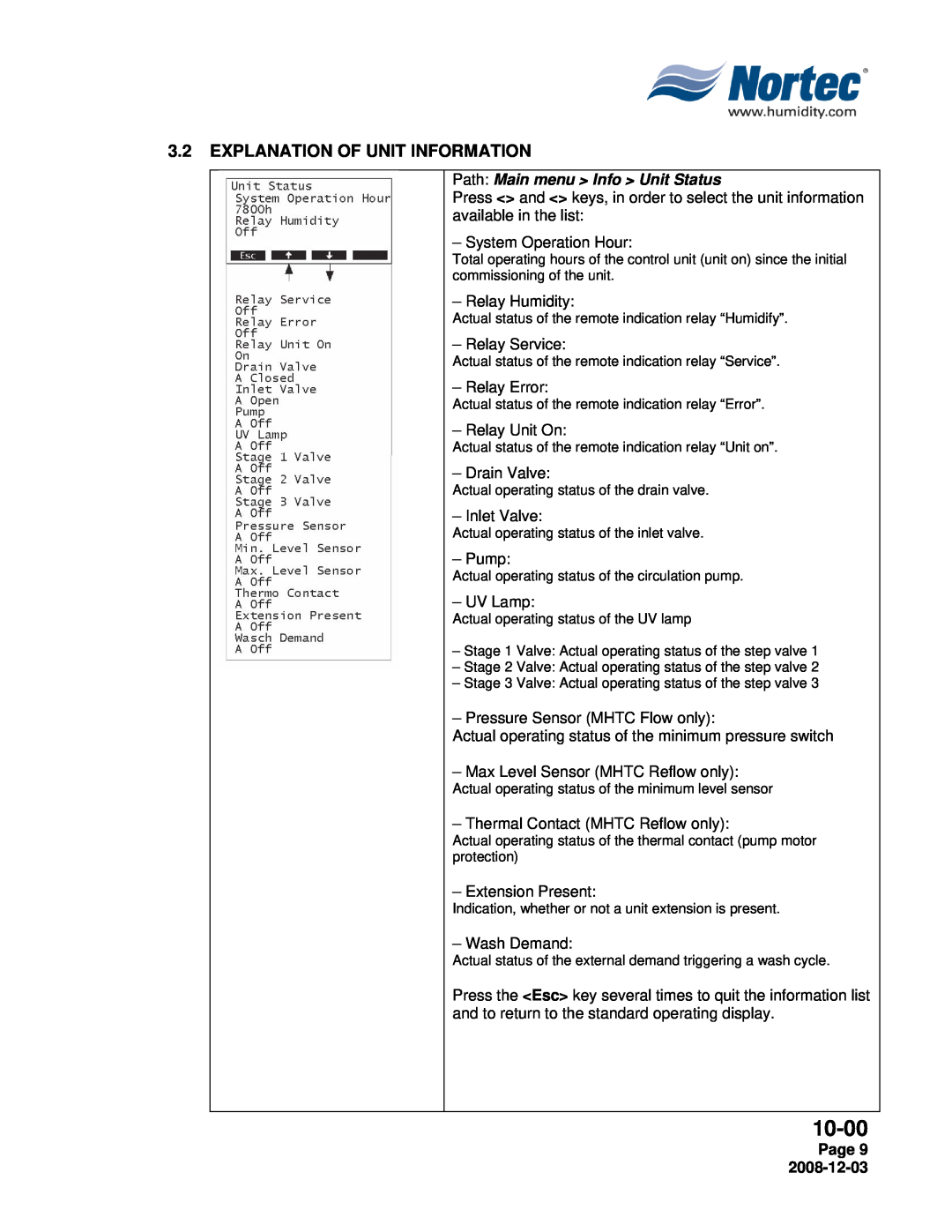 Nortec MH Series installation manual 3.2EXPLANATION OF UNIT INFORMATION, 10-00, Path Main menu Info Unit Status, Page 