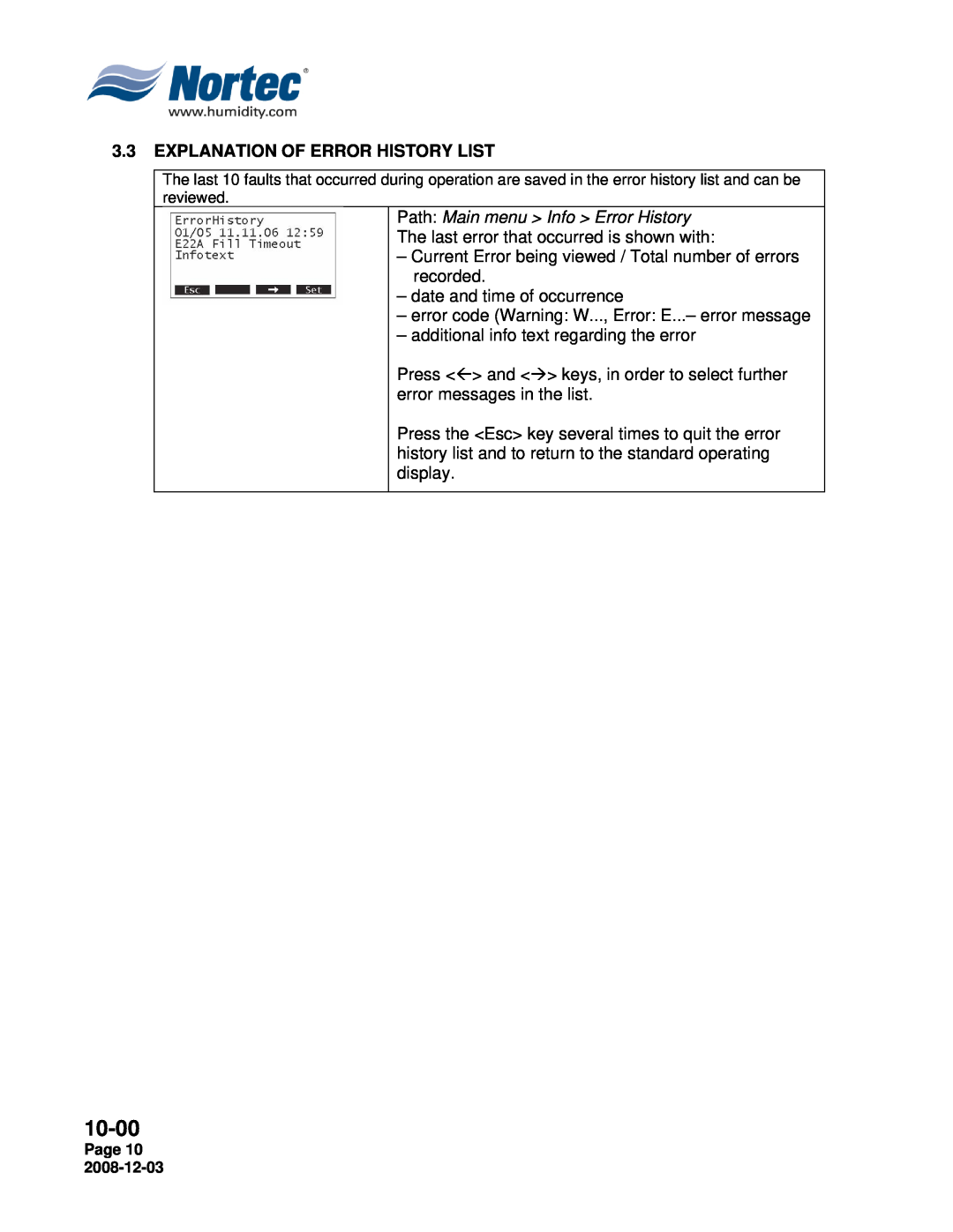 Nortec MH Series installation manual 3.3EXPLANATION OF ERROR HISTORY LIST, Path Main menu Info Error History, 10-00 