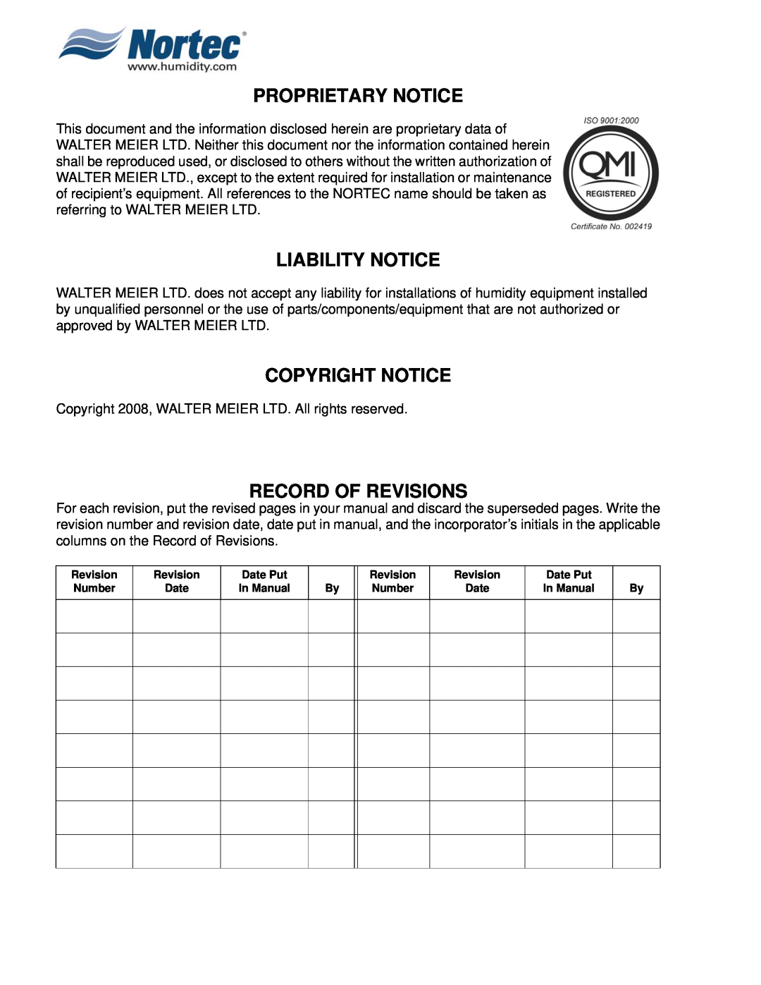 Nortec MH Series Proprietary Notice, Liability Notice, Copyright Notice, Record Of Revisions, Revision Number 