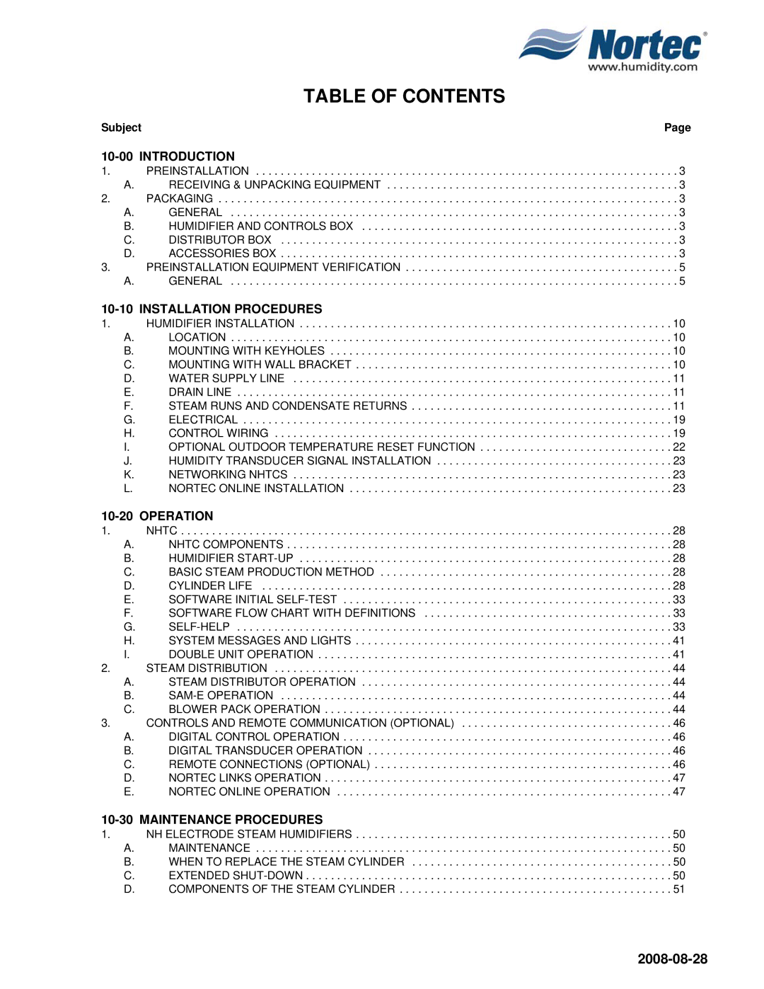 Nortec NH Series installation manual Table of Contents 