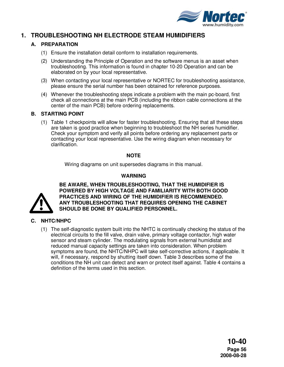 Nortec NH Series installation manual Troubleshooting NH Electrode Steam Humidifiers, Preparation, Starting Point 