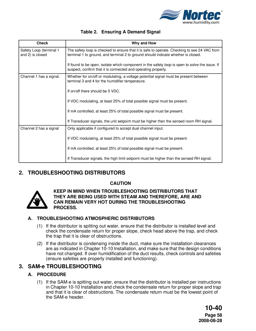 Nortec NH Series installation manual Troubleshooting Distributors, Ensuring a Demand Signal, Procedure, Check Why and How 