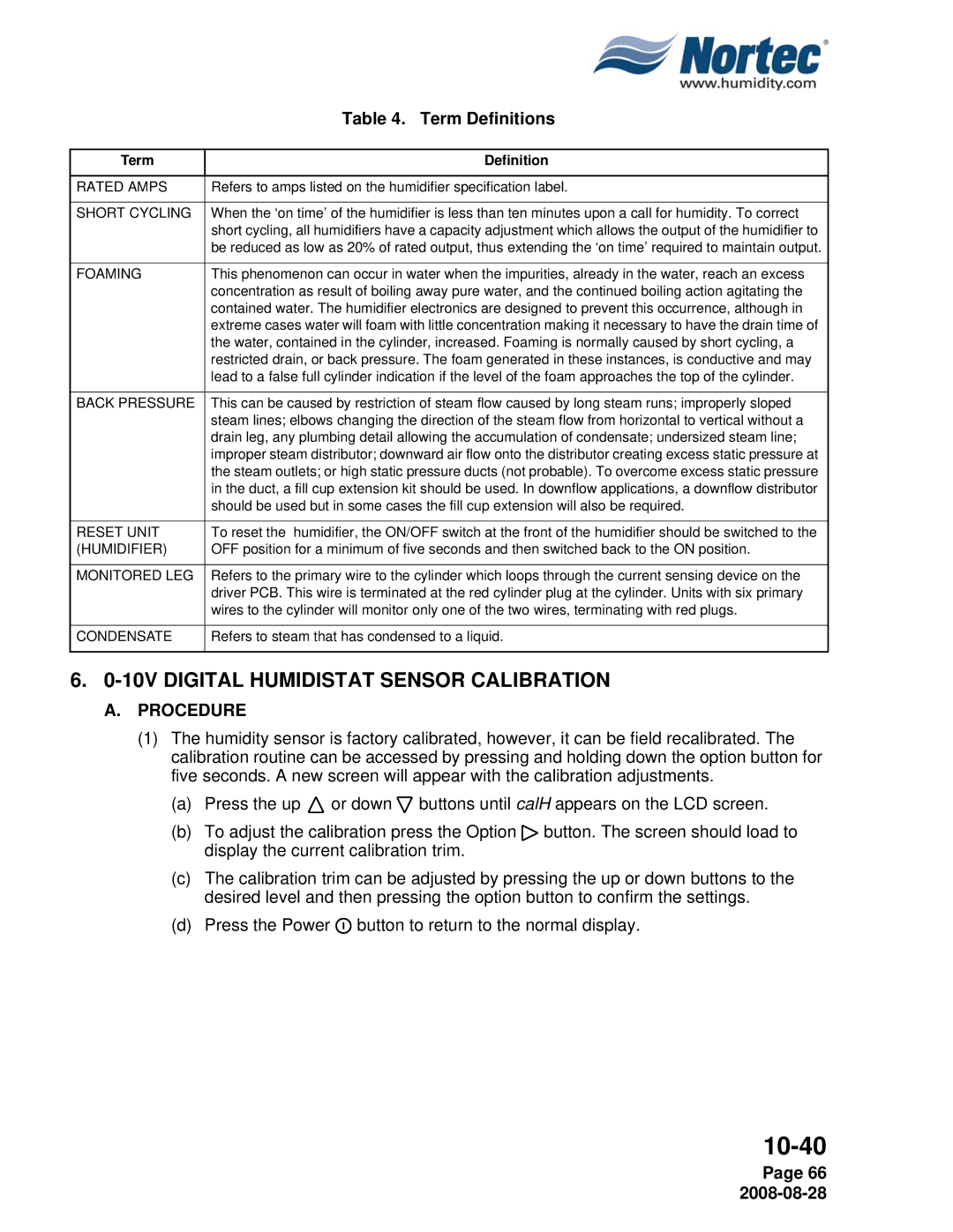 Nortec NH Series installation manual 10V Digital Humidistat Sensor Calibration, Term Definitions 